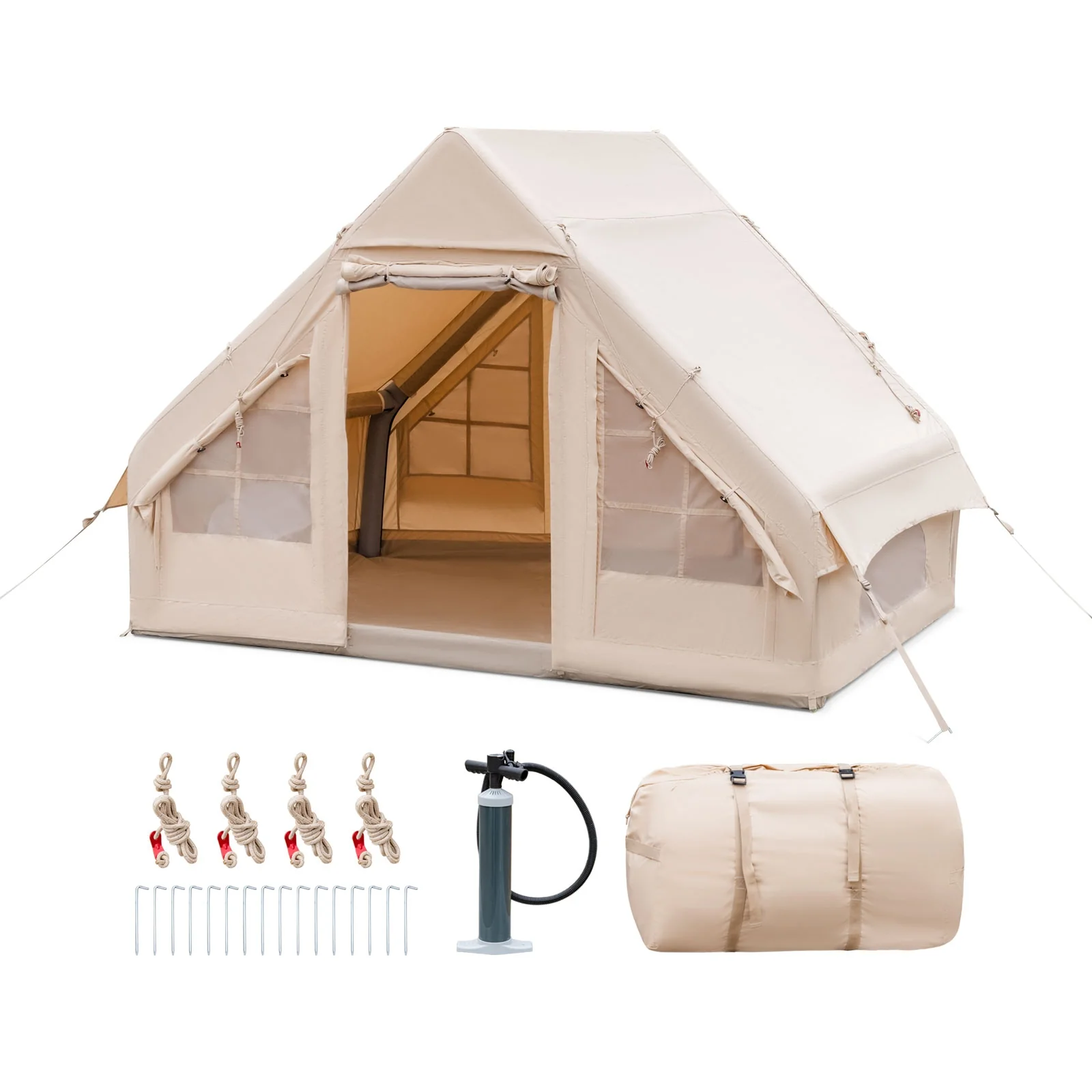 Inflatable Camping Tent, 2/4/6 People, Family Glamping Tent With Pump, Beige - Image 4