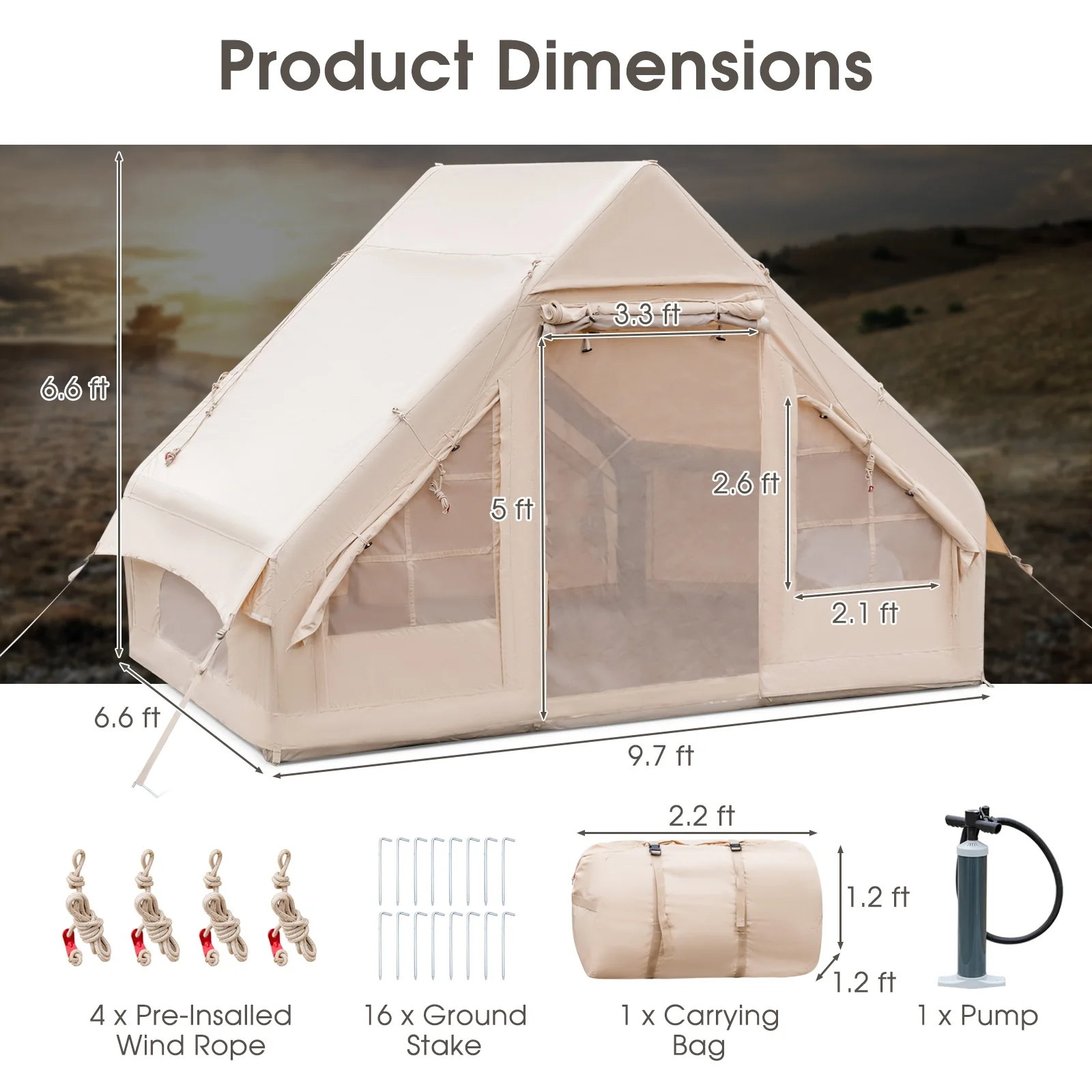 Inflatable Camping Tent, 2/4/6 People, Family Glamping Tent With Pump, Beige - Image 6