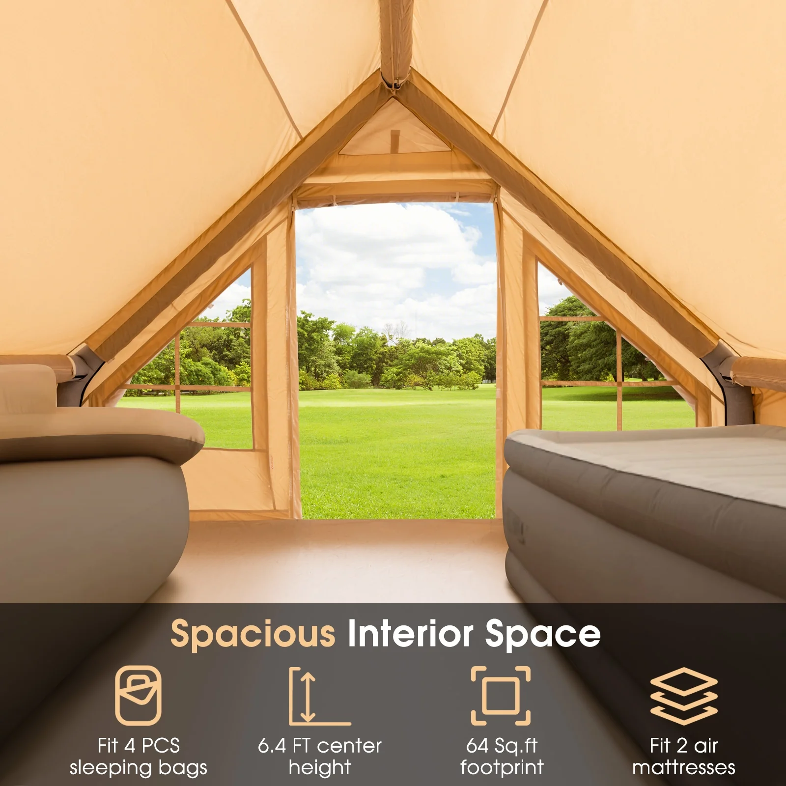 Inflatable Camping Tent, 2/4/6 People, Family Glamping Tent With Pump, Beige - Image 7