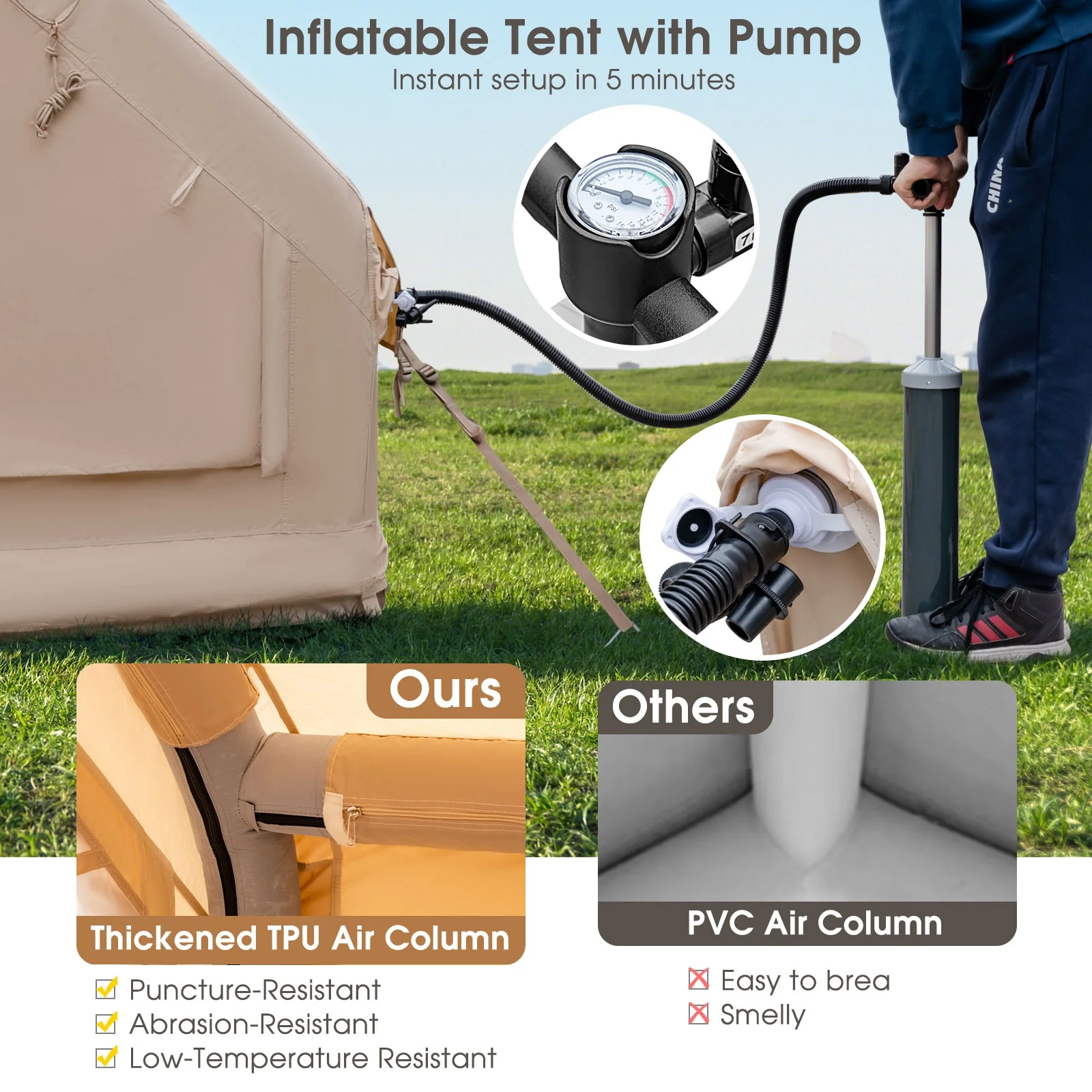 Inflatable Camping Tent, 2/4/6 People, Family Glamping Tent With Pump, Beige - Image 8