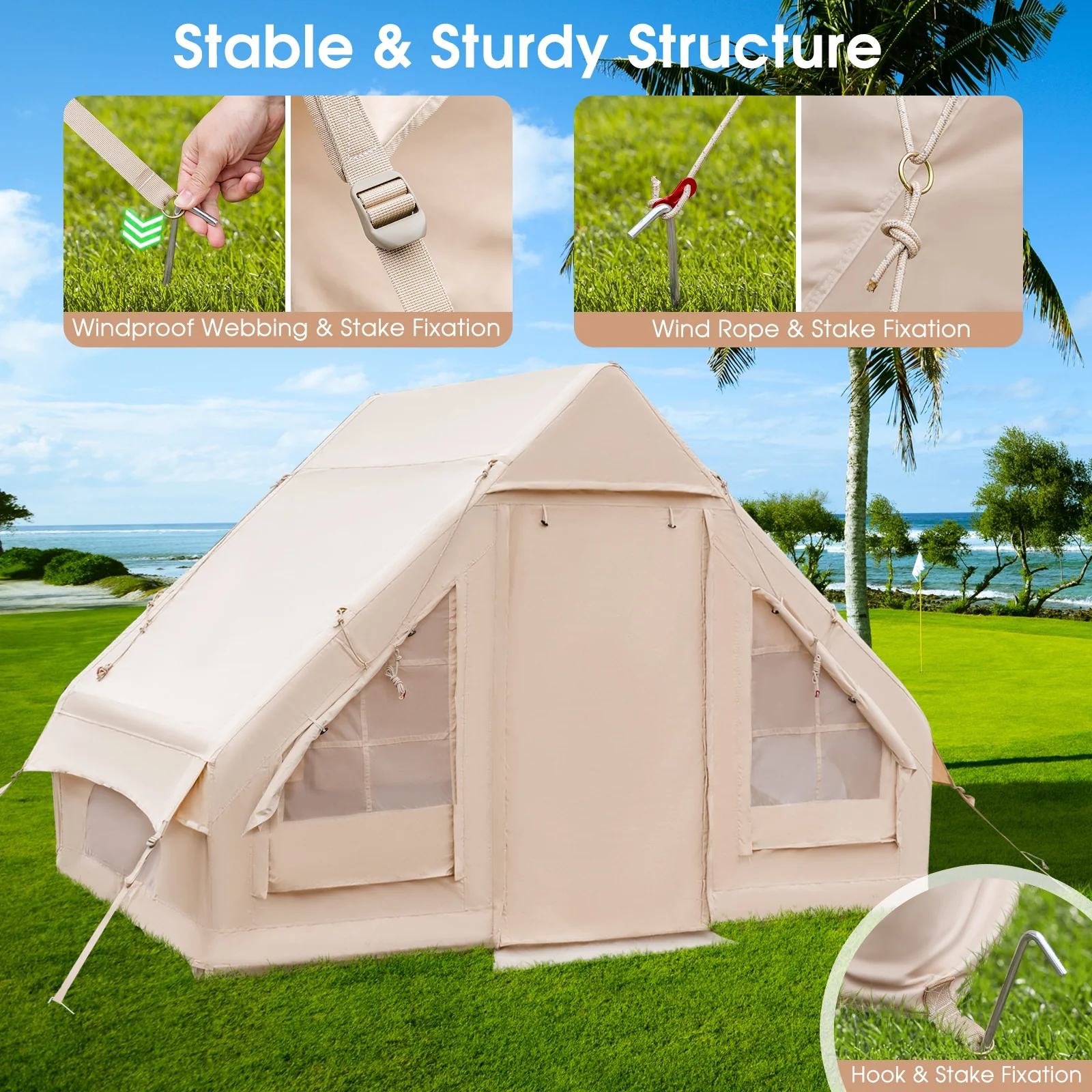 Inflatable Camping Tent, 2/4/6 People, Family Glamping Tent With Pump, Beige - Image 9