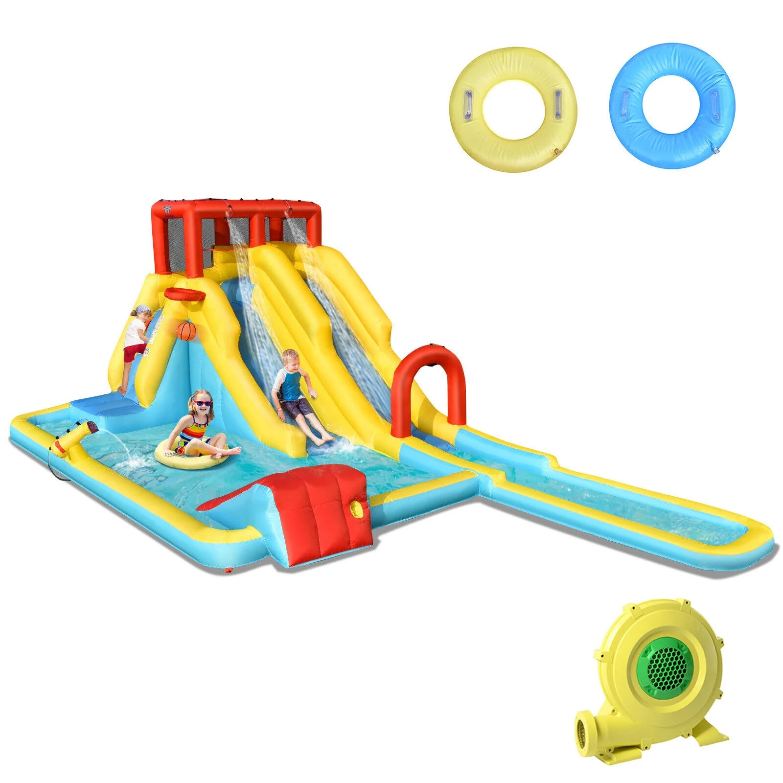 Inflatable Dual Slide Water Park, Climbing Bouncer With 735W Air Blower