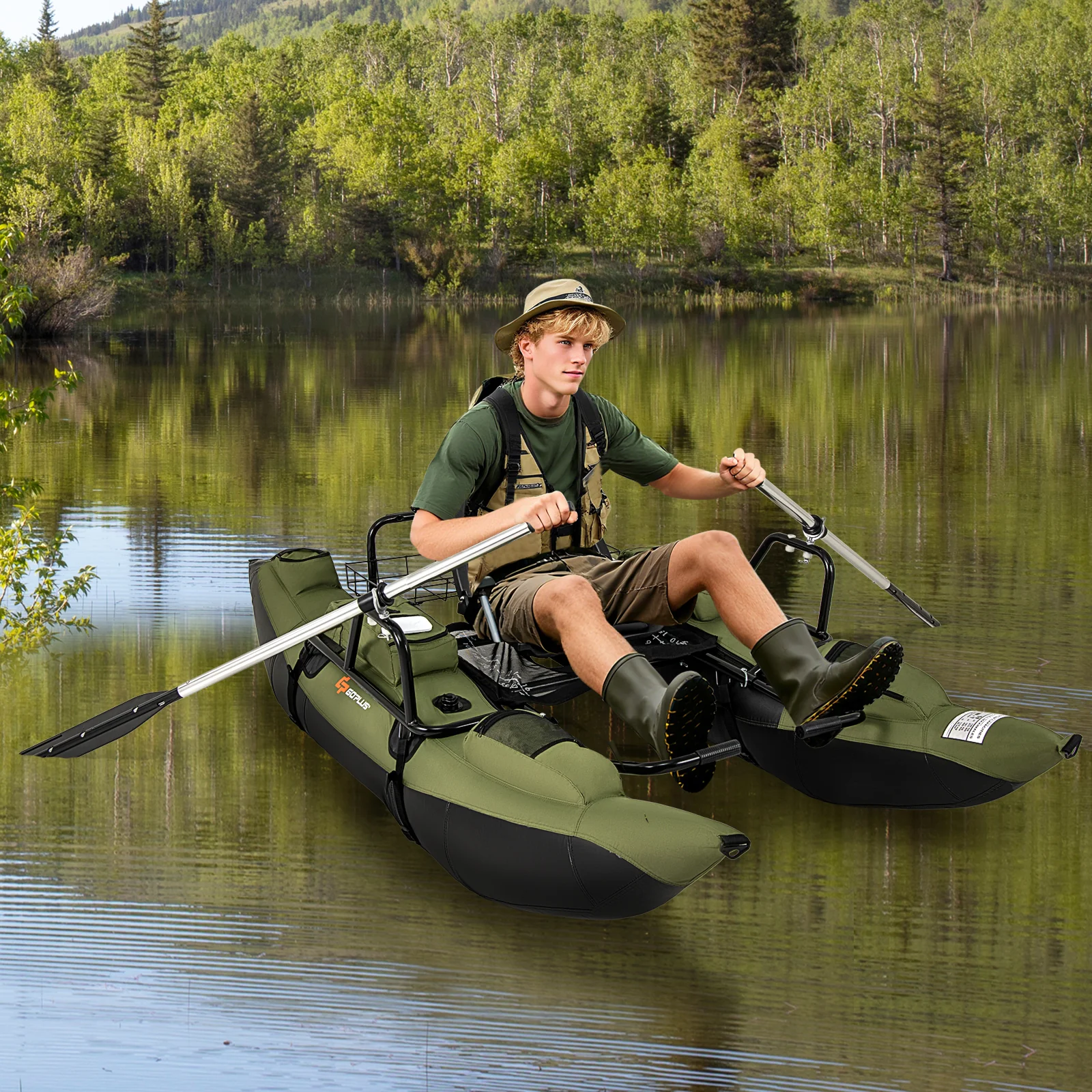 Inflatable Fishing Float Tube, Foldable Padded Seat, Adjustable Footrest, Green - Image 3