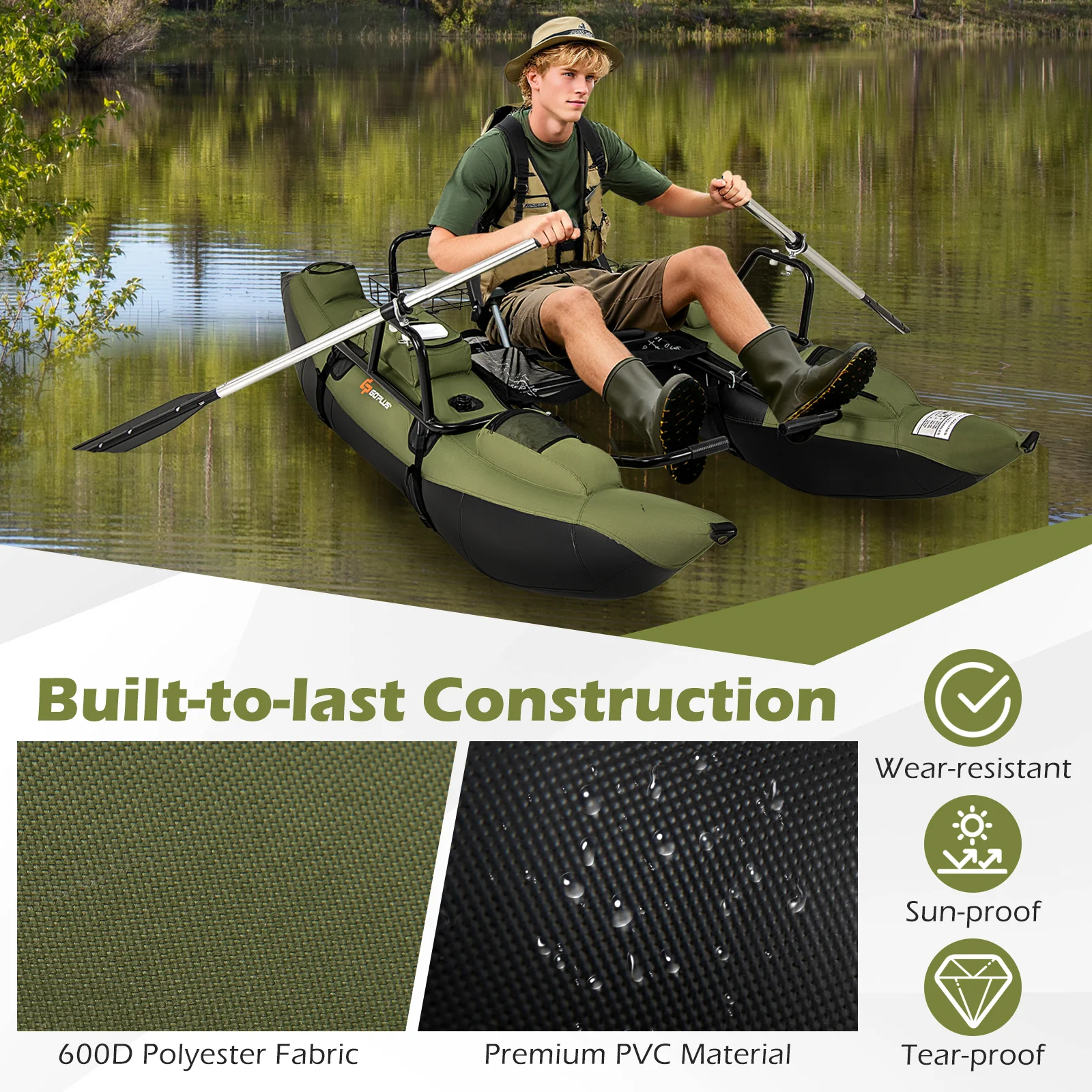 Inflatable Fishing Float Tube, Foldable Padded Seat, Adjustable Footrest, Green - Image 8