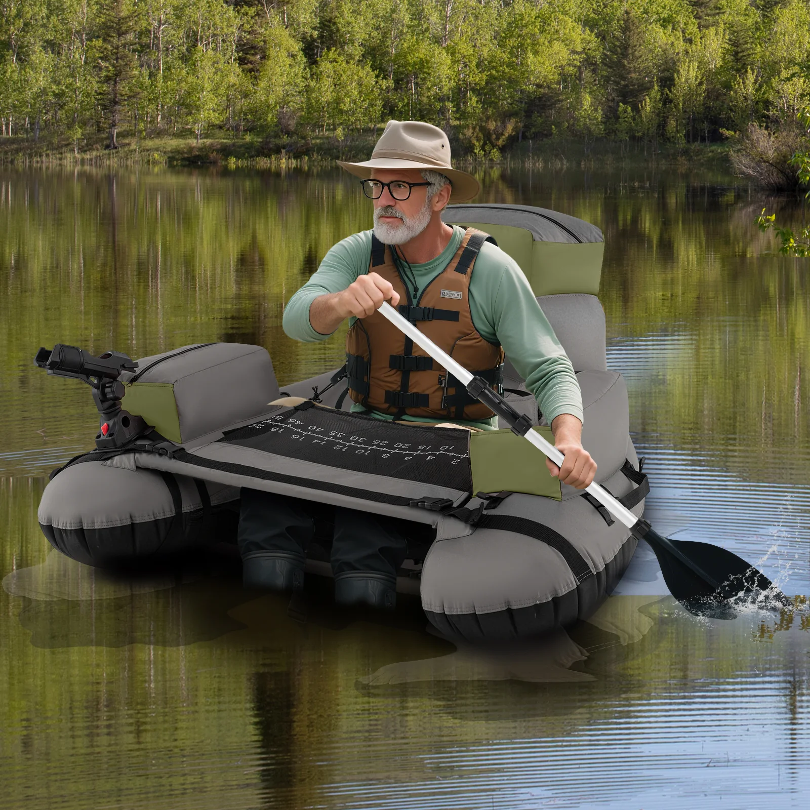 Inflatable Fishing Float Tube, With Shoulder Straps And Storage, Green - Image 3