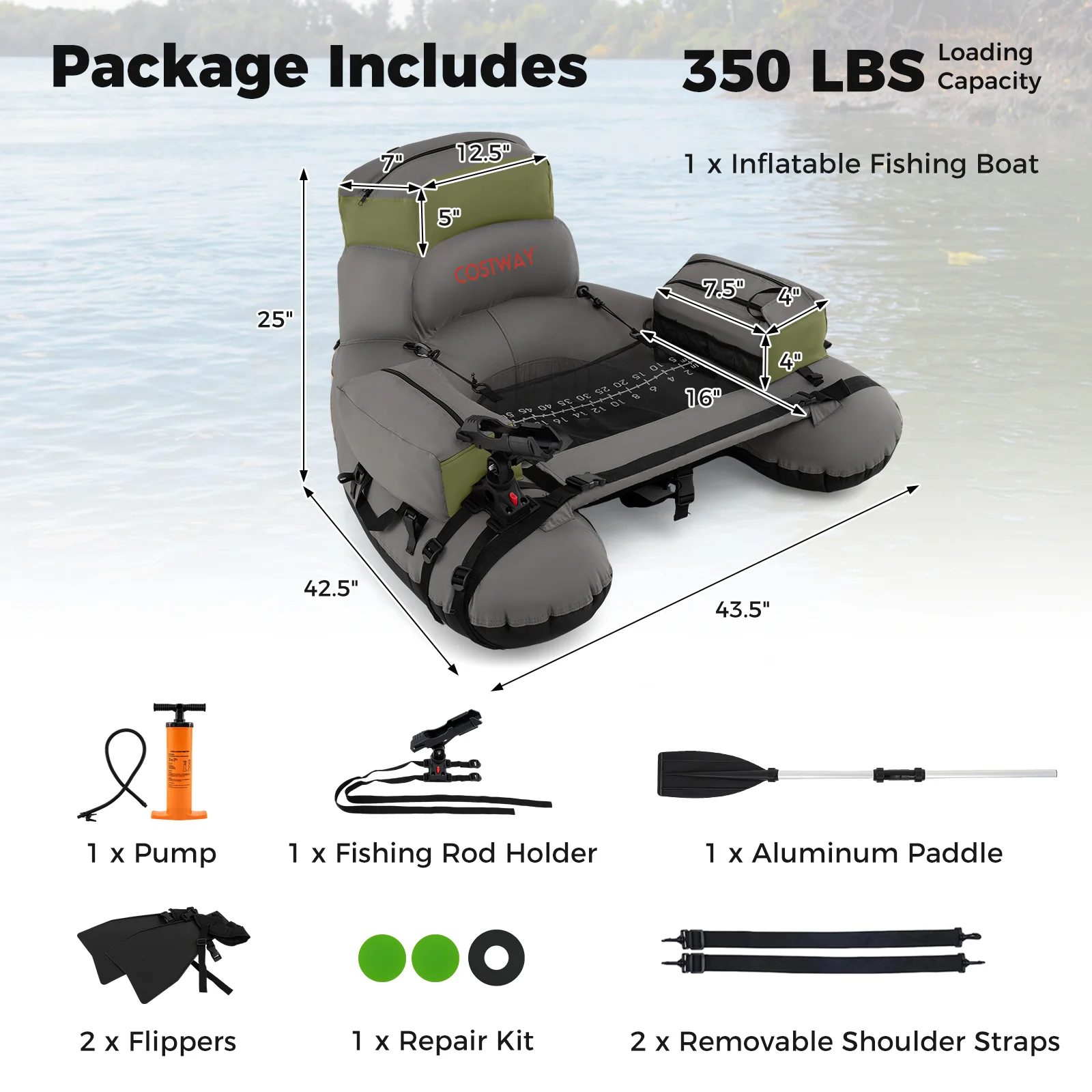 Inflatable Fishing Float Tube, With Shoulder Straps And Storage, Green - Image 6