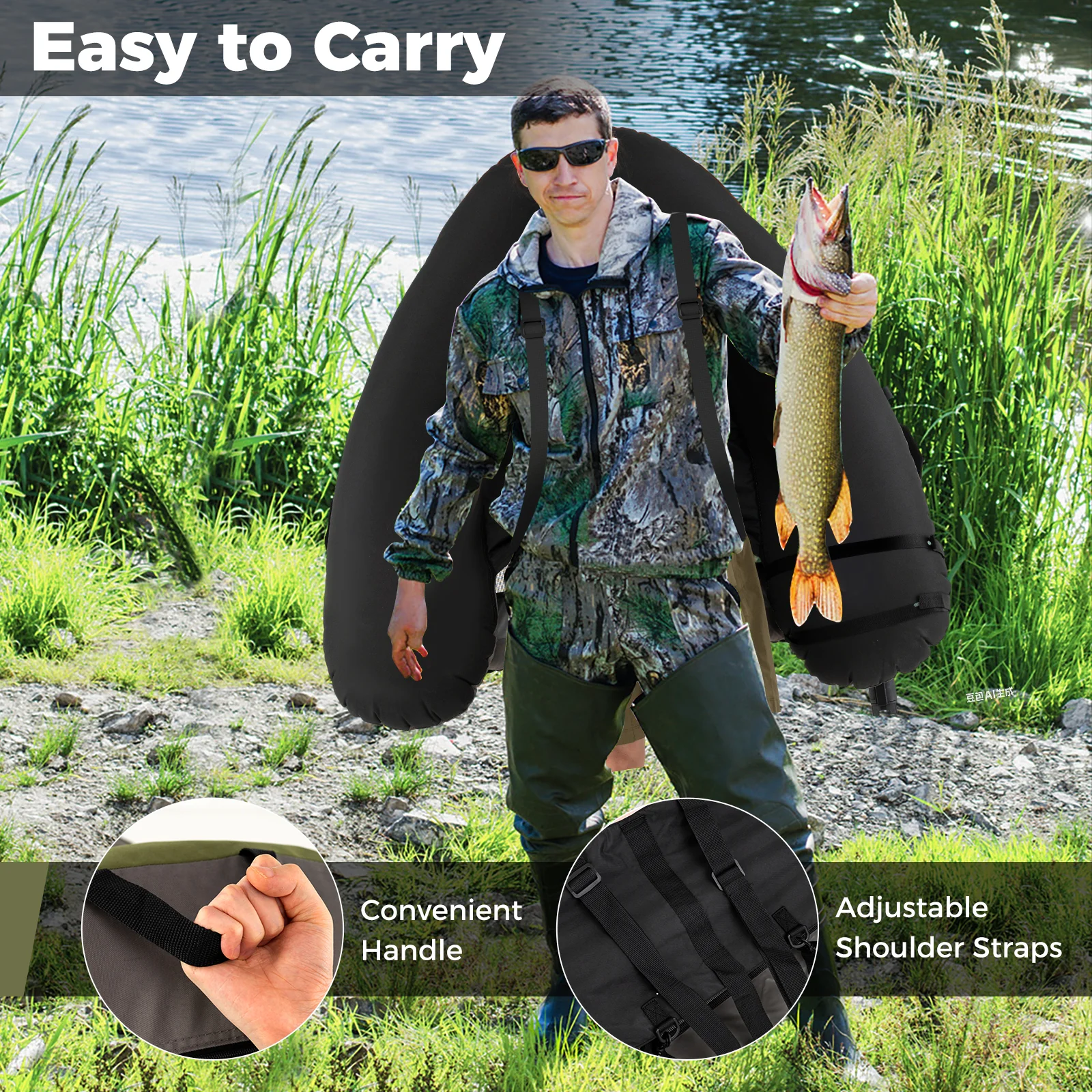 Inflatable Fishing Float Tube, With Shoulder Straps And Storage, Green - Image 9