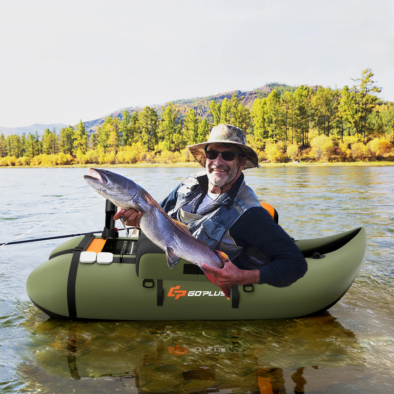 Inflatable Fishing Float Tube, With Storage Pockets And Fish Ruler, Green - Image 3