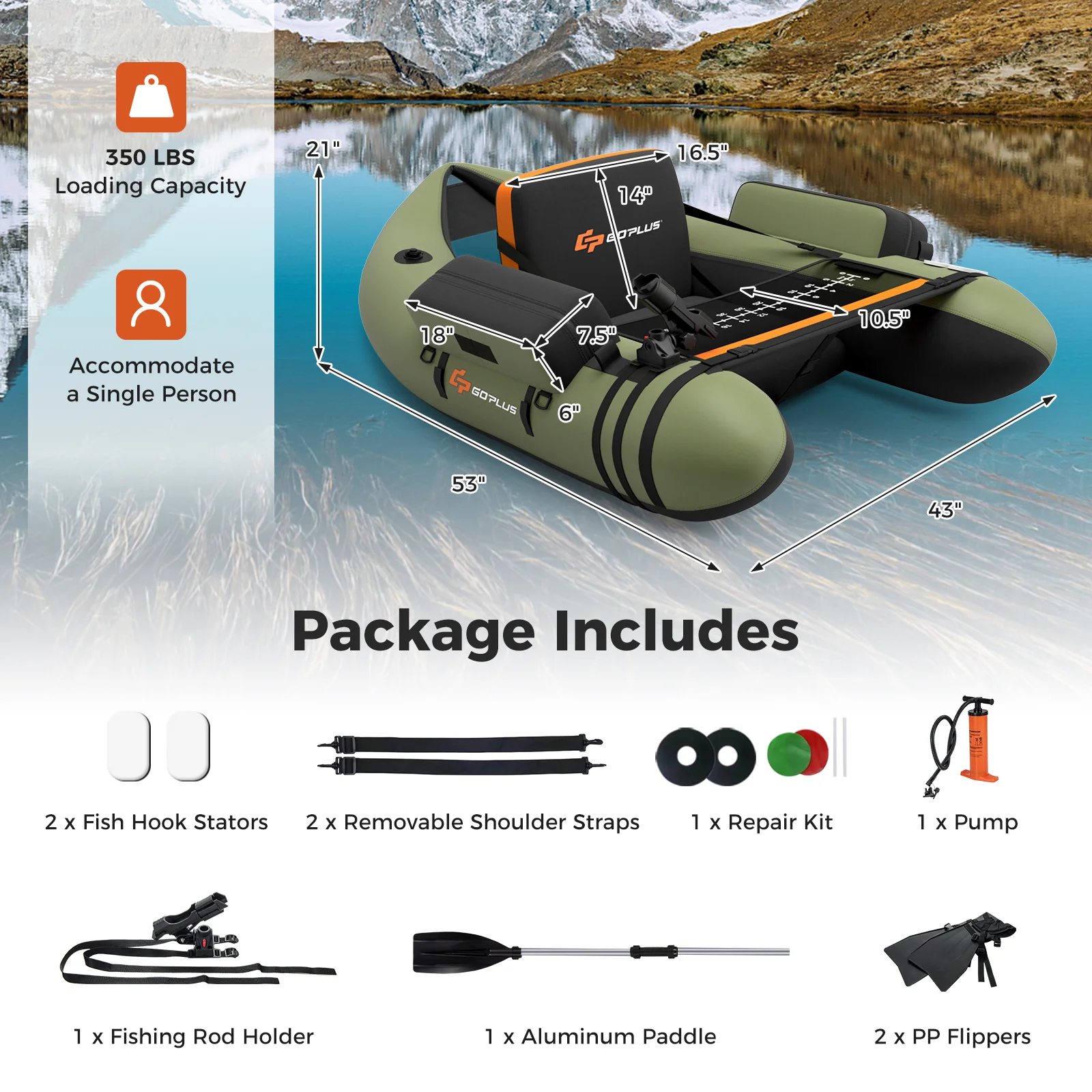 Inflatable Fishing Float Tube, With Storage Pockets And Fish Ruler, Green - Image 5