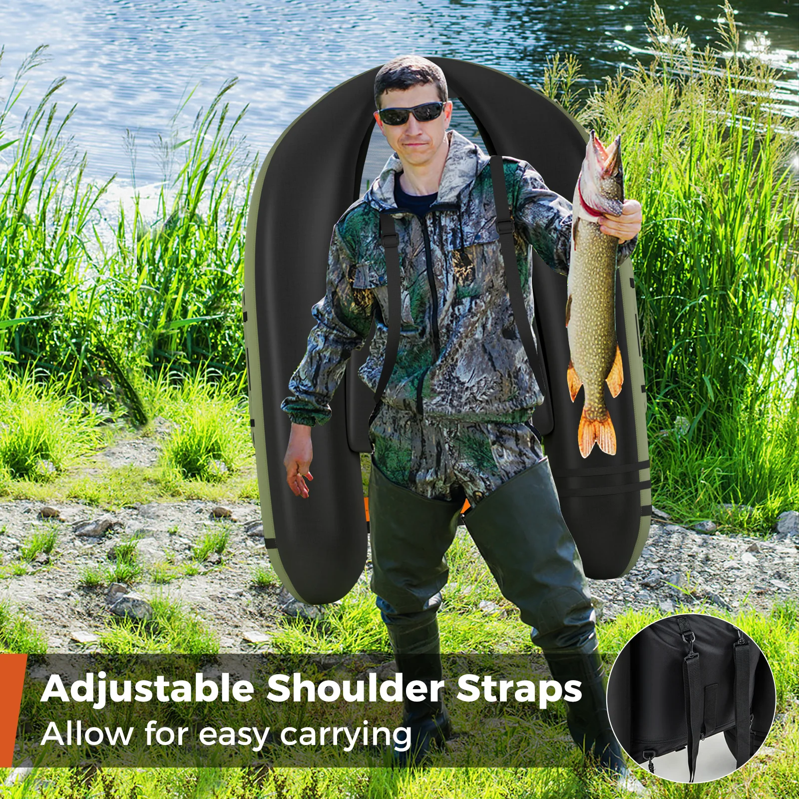 Inflatable Fishing Float Tube, With Storage Pockets And Fish Ruler, Green - Image 6