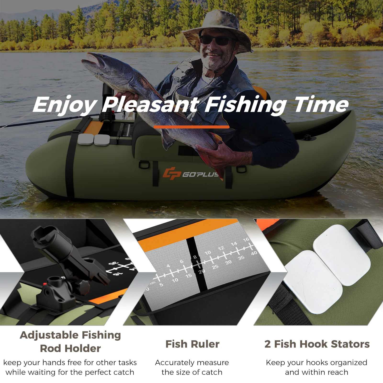 Inflatable Fishing Float Tube, With Storage Pockets And Fish Ruler, Green - Image 9