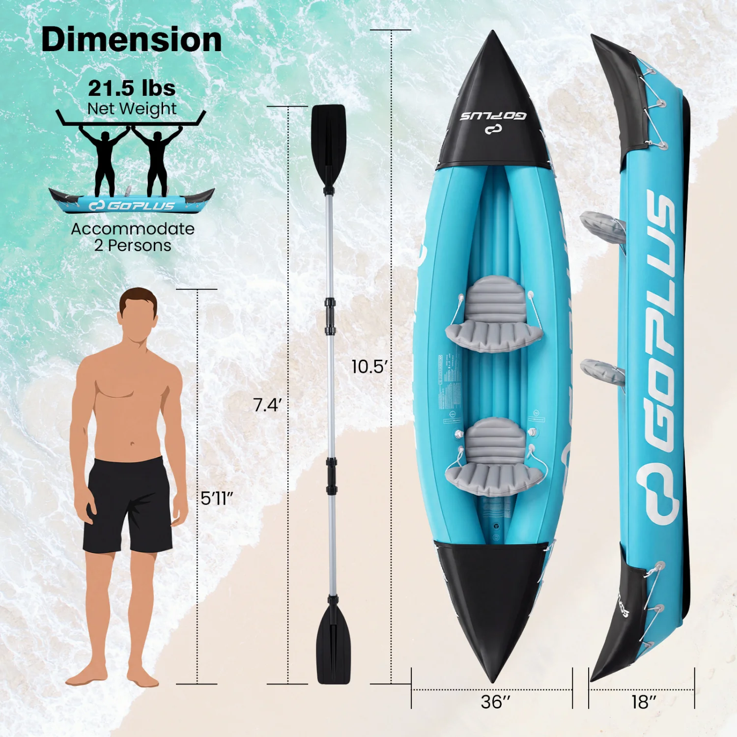 Inflatable Kayak 2 Person Heavy Duty Tandem Touring Kayak with Aluminum Paddles, Blue - Image 4