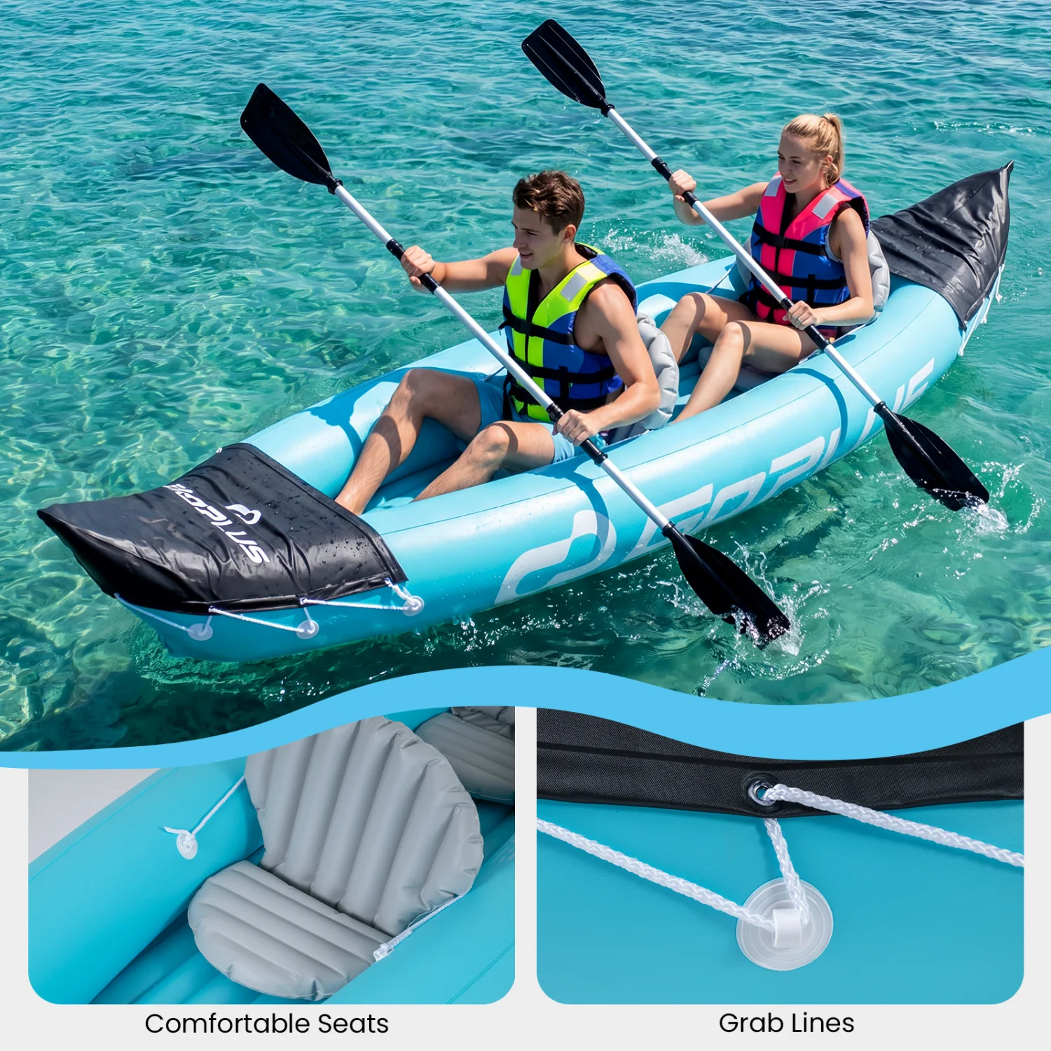 Inflatable Kayak 2 Person Heavy Duty Tandem Touring Kayak with Aluminum Paddles, Blue - Image 8