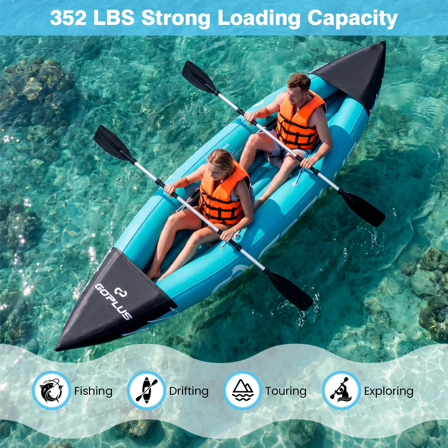 Inflatable Kayak 2 Person Heavy Duty Tandem Touring Kayak with Aluminum Paddles, Blue - Image 9