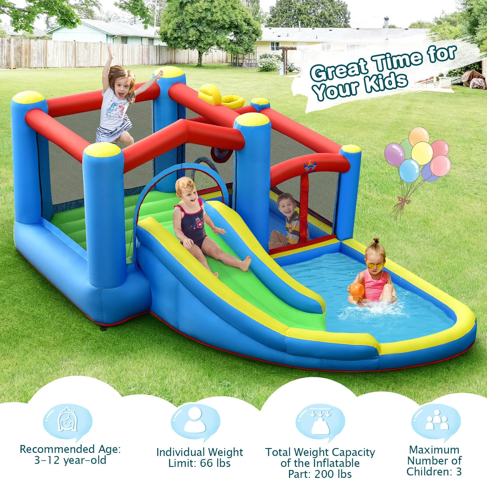 Inflatable Kids Water Slide Bounce Castle, 480W Blower - Image 3