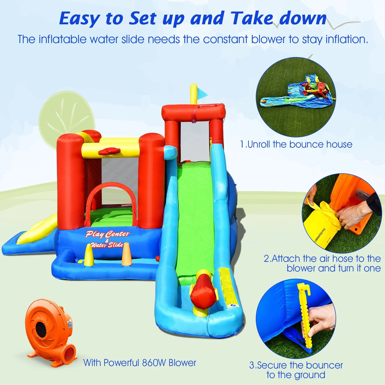 Inflatable Kids Water Slide Bounce House, 9-in-1, 860W Blower - Image 9