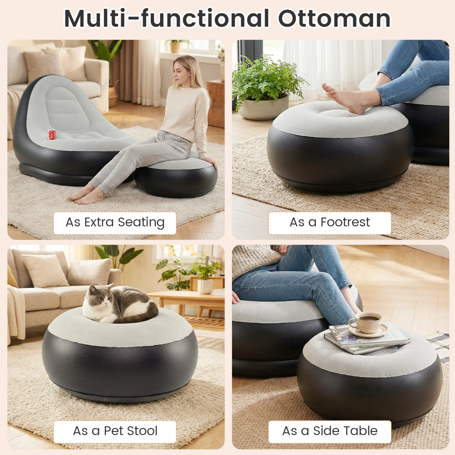Inflatable Lounge Sofa with Ottoman Portable Air Sofa for Adults with Flocked Surface-Grey, Gray - Image 10