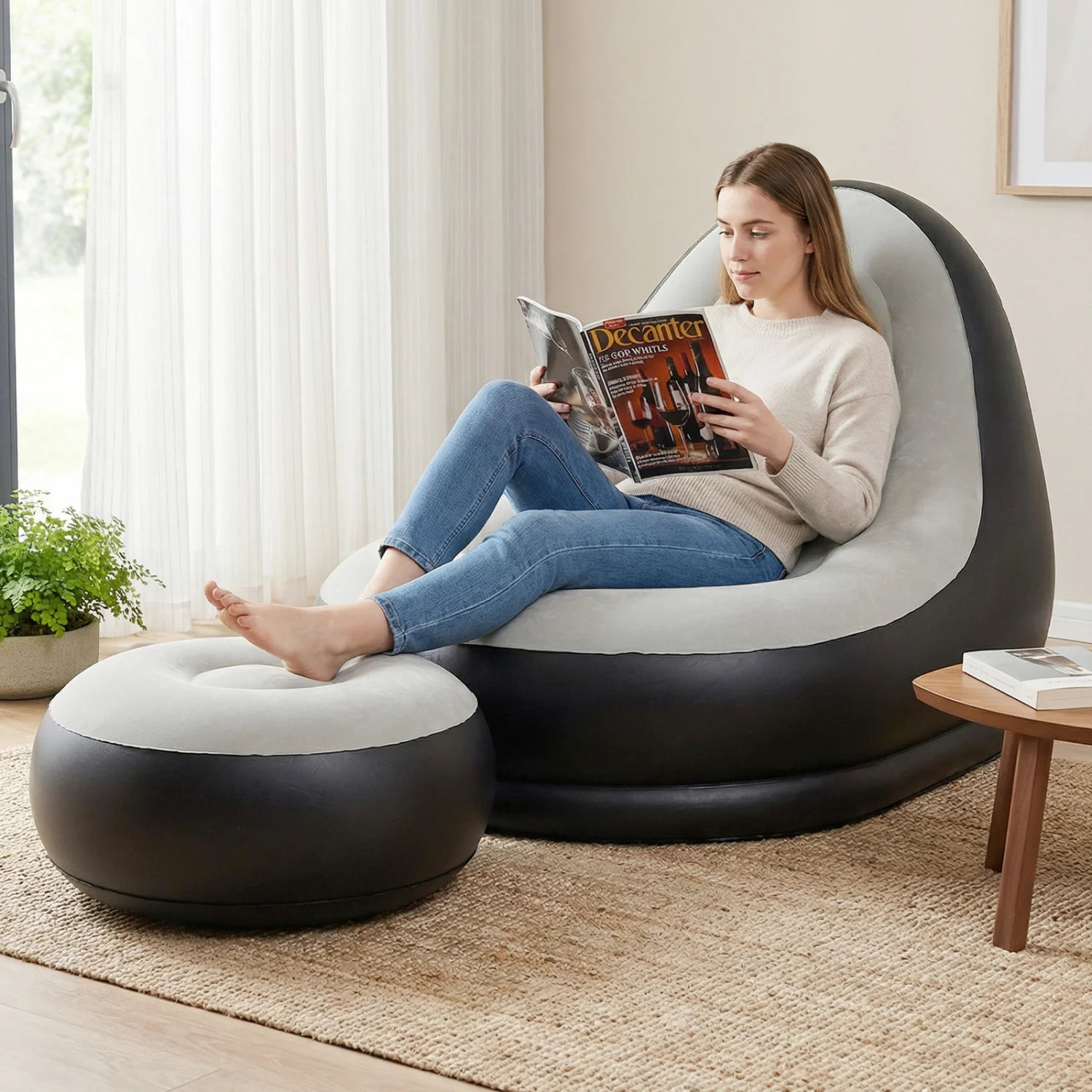 Inflatable Lounge Sofa with Ottoman Portable Air Sofa for Adults with Flocked Surface-Grey, Gray - Image 2