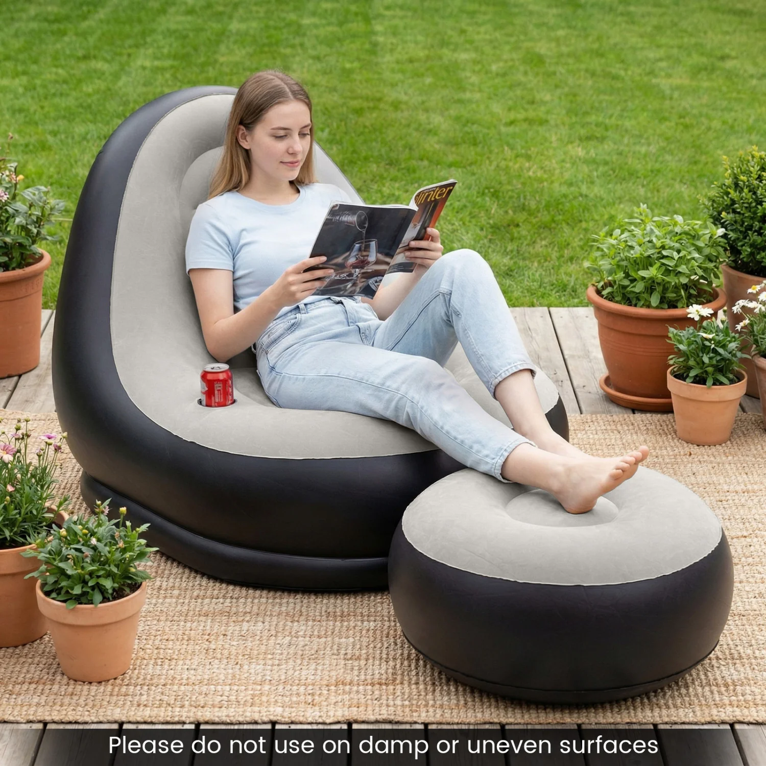 Inflatable Lounge Sofa with Ottoman Portable Air Sofa for Adults with Flocked Surface-Grey, Gray - Image 3