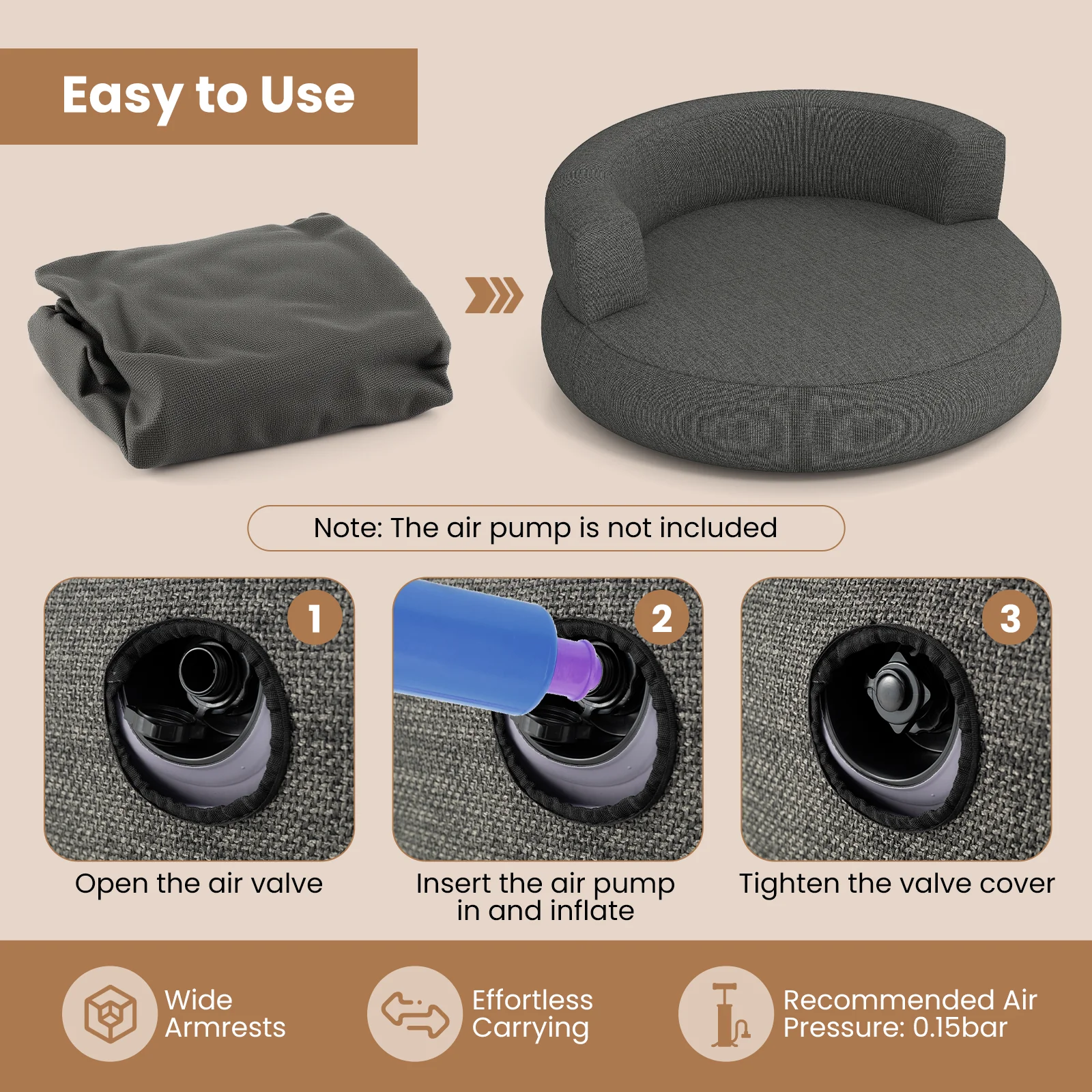 Inflatable Lounger Air Sofa with Detachable Cover, Gray - Image 9