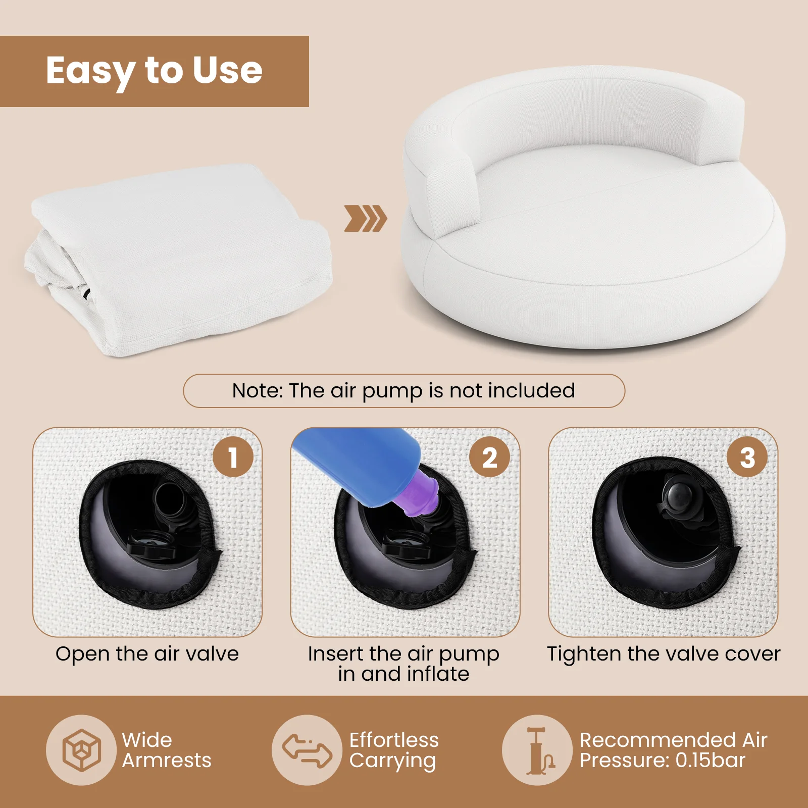 Inflatable Lounger Air Sofa with Detachable Cover, White - Image 9