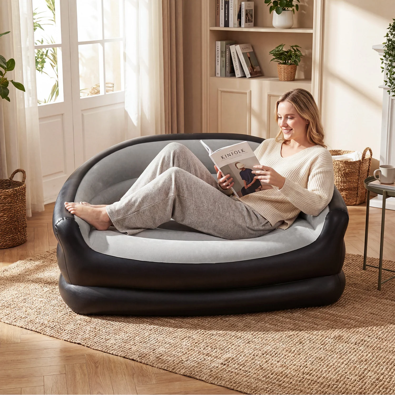 Inflatable Loveseat Couch Portable and Foldable 2-Seater Air Sofa for Adults with Flocked Surface-Grey, Gray - Image 2