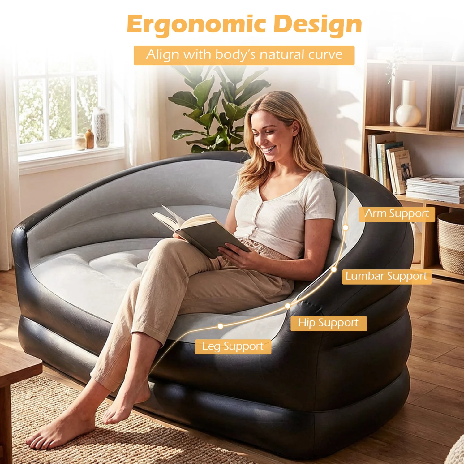 Inflatable Loveseat Couch Portable and Foldable 2-Seater Air Sofa for Adults with Flocked Surface-Grey, Gray - Image 8