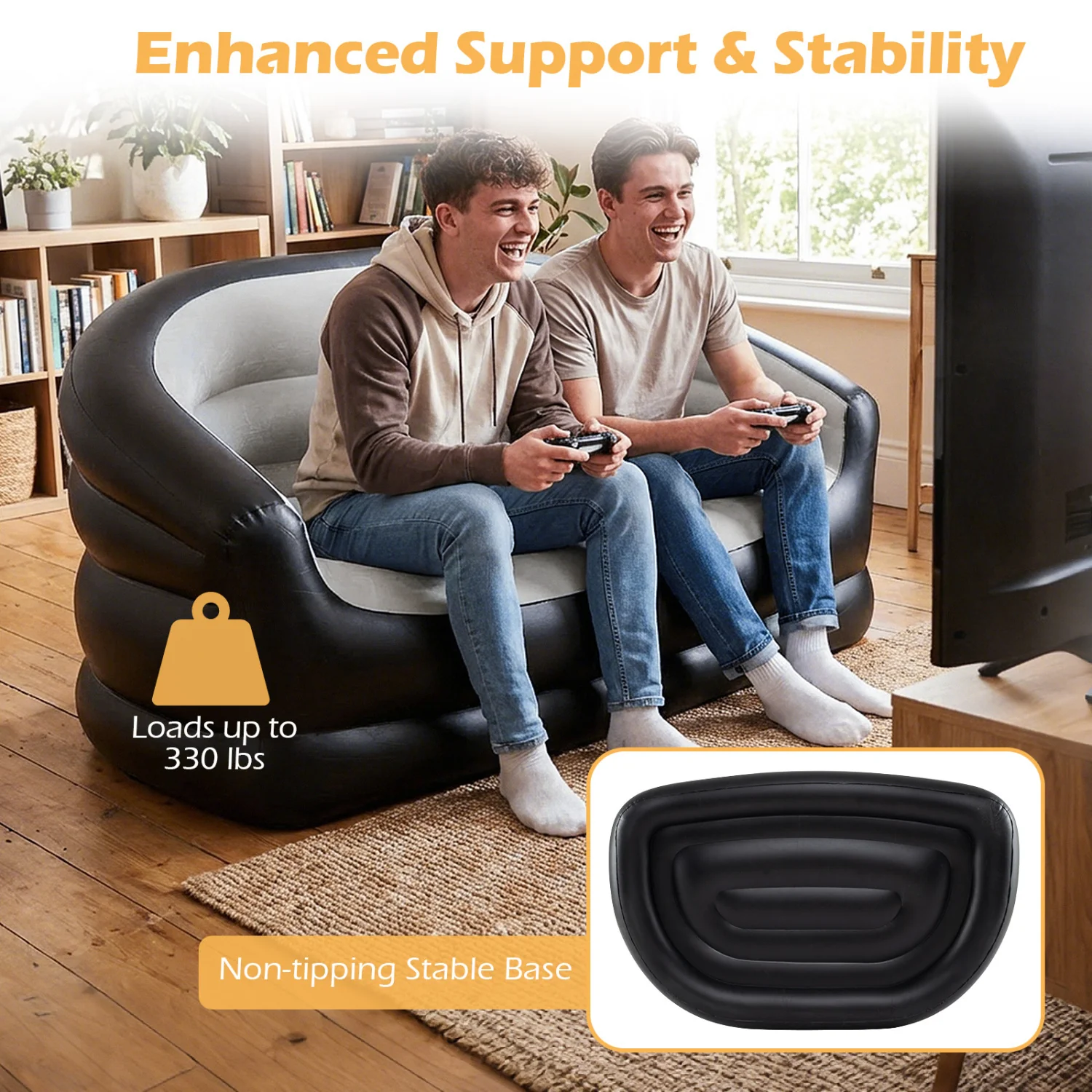 Inflatable Loveseat Couch Portable and Foldable 2-Seater Air Sofa for Adults with Flocked Surface-Grey, Gray - Image 9