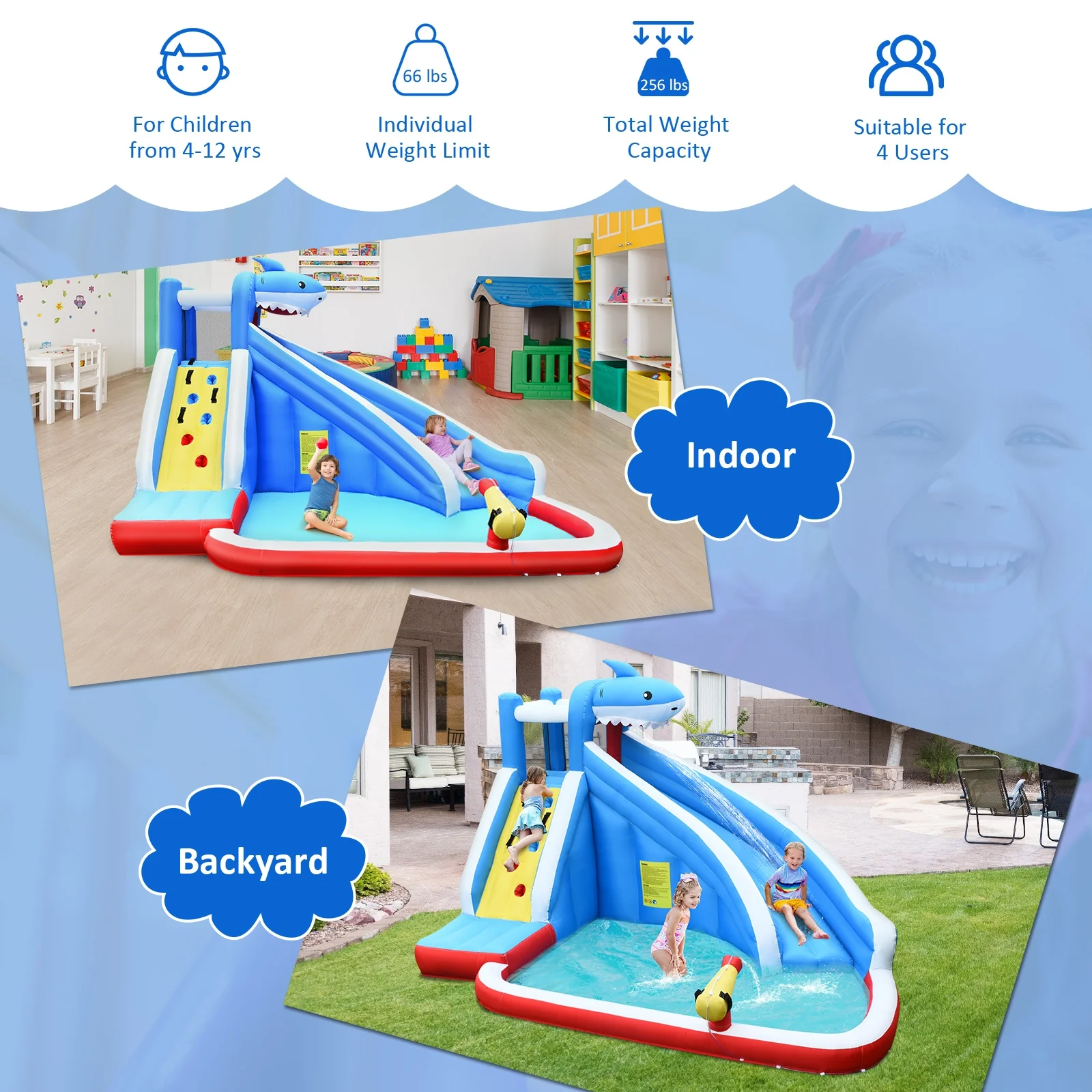 Inflatable Shark Bounce House, Water Slide, Climbing Wall - Image 8