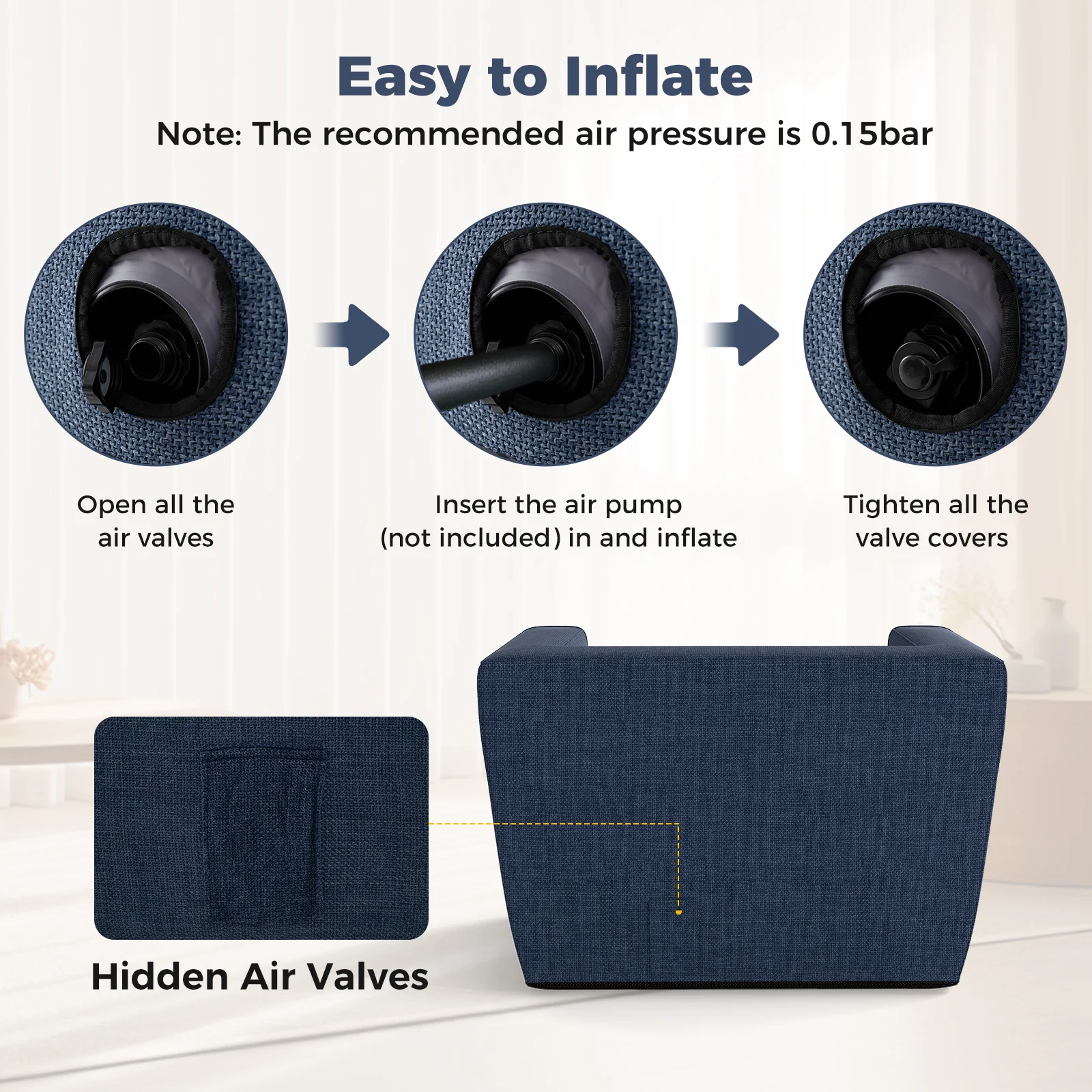 Inflatable Sofa with Detachable Cover and Wide Armrests, Blue - Image 8