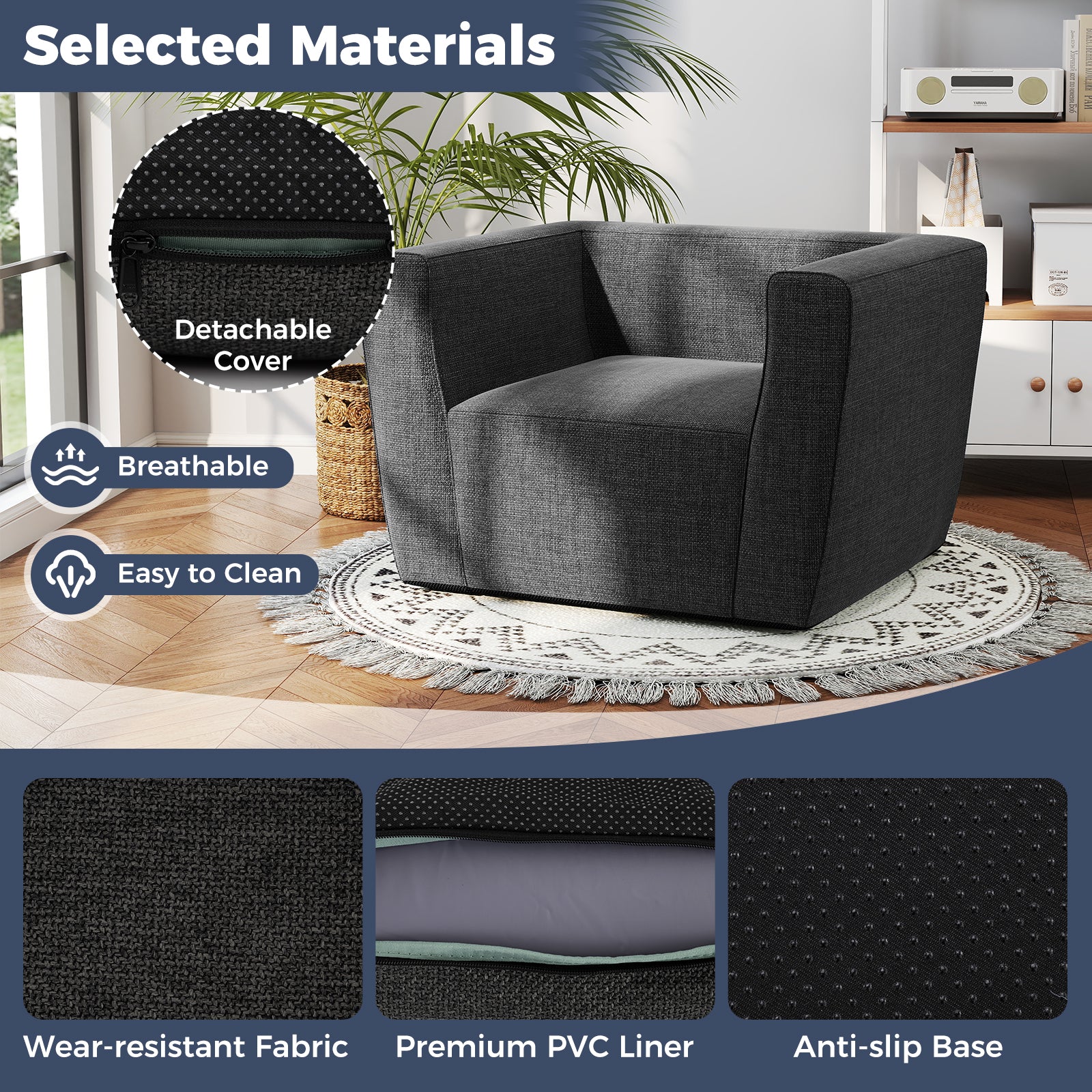 Inflatable Sofa with Detachable Cover and Wide Armrests, Gray - Image 7