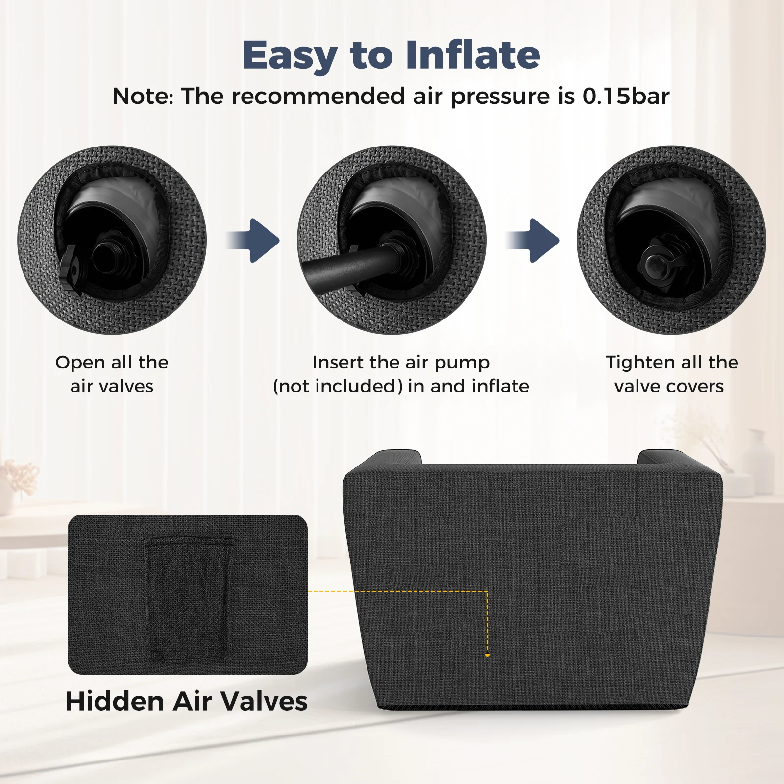 Inflatable Sofa with Detachable Cover and Wide Armrests, Gray - Image 8