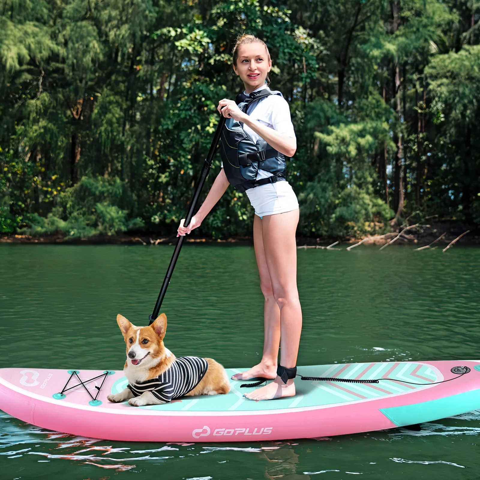 Inflatable Stand Up Paddle Board, 10 Feet, 3 Fins, Adjustable Paddle, Pink - Image 3