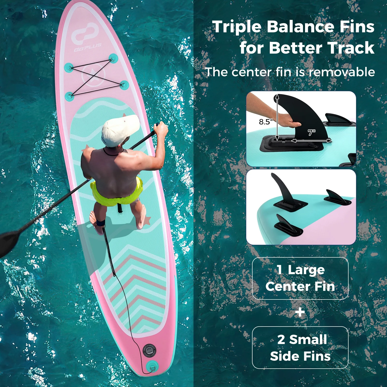 Inflatable Stand Up Paddle Board, 10 Feet, 3 Fins, Adjustable Paddle, Pink - Image 7