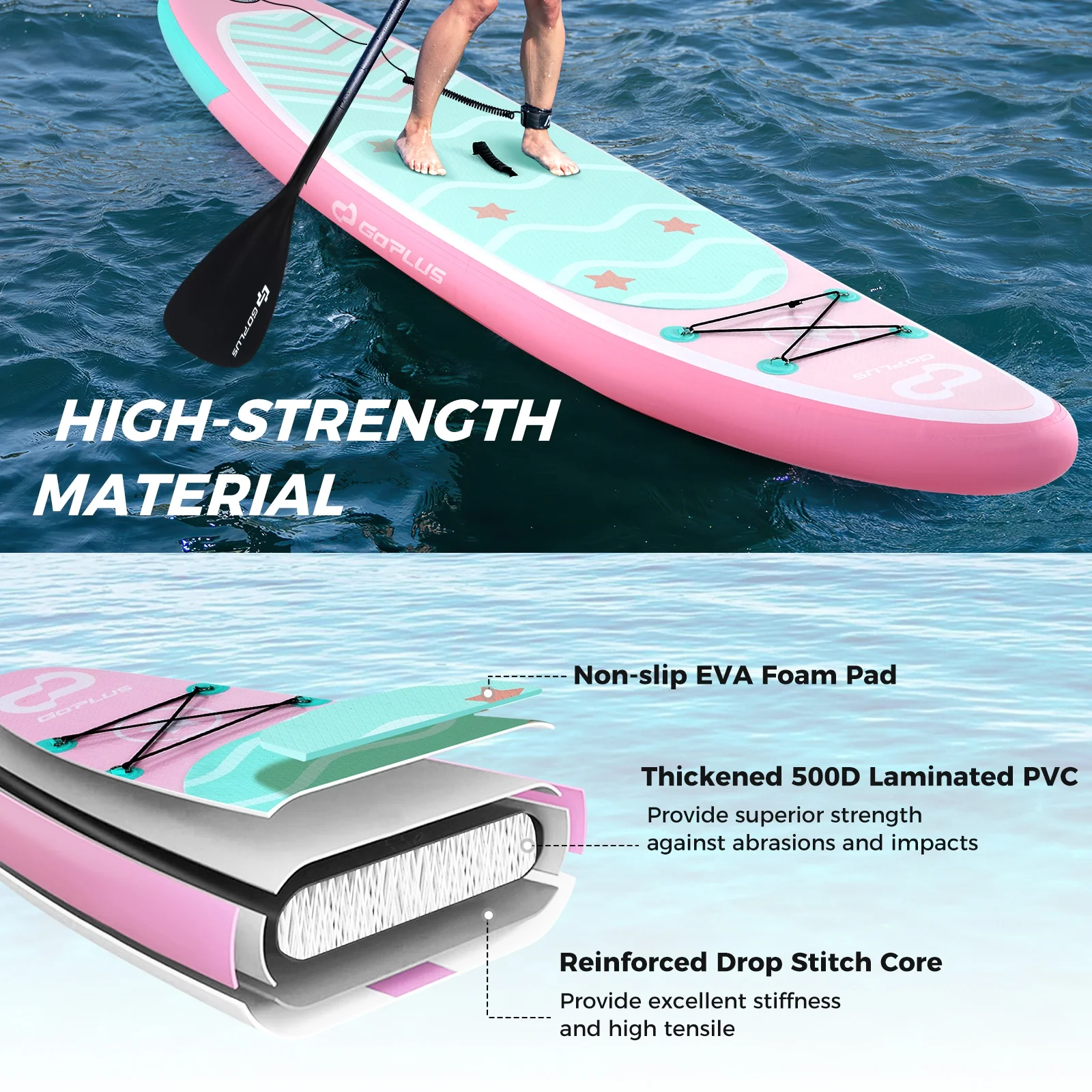 Inflatable Stand Up Paddle Board, 10 Feet, 3 Fins, Adjustable Paddle, Pink - Image 8