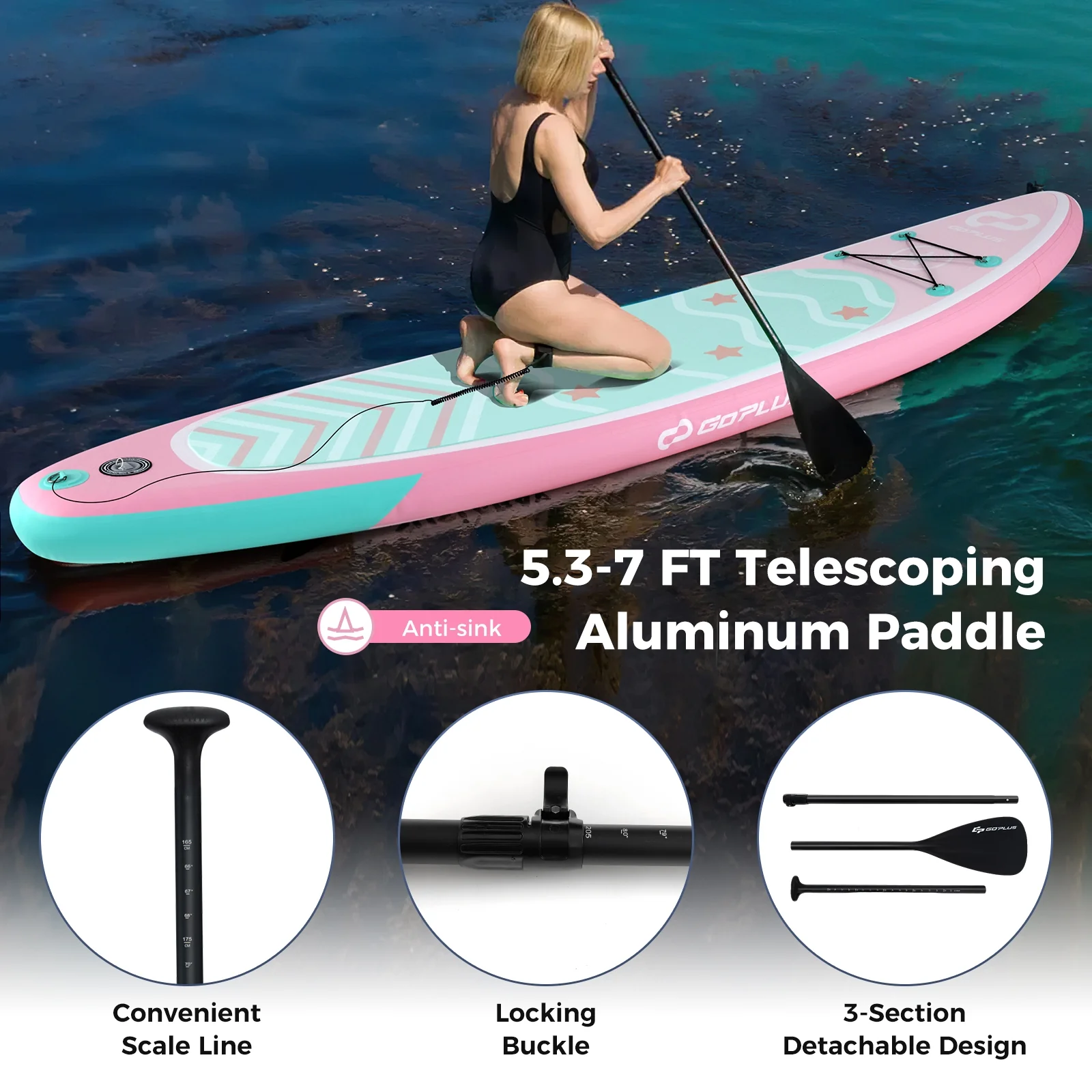 Inflatable Stand Up Paddle Board, 10 Feet, 3 Fins, Adjustable Paddle, Pink - Image 9