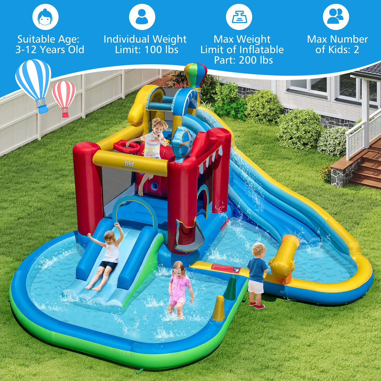 Inflatable Water Park with Splash Pool and Water Cannon for Birthday Party Without Blower, Multicolor - Image 2