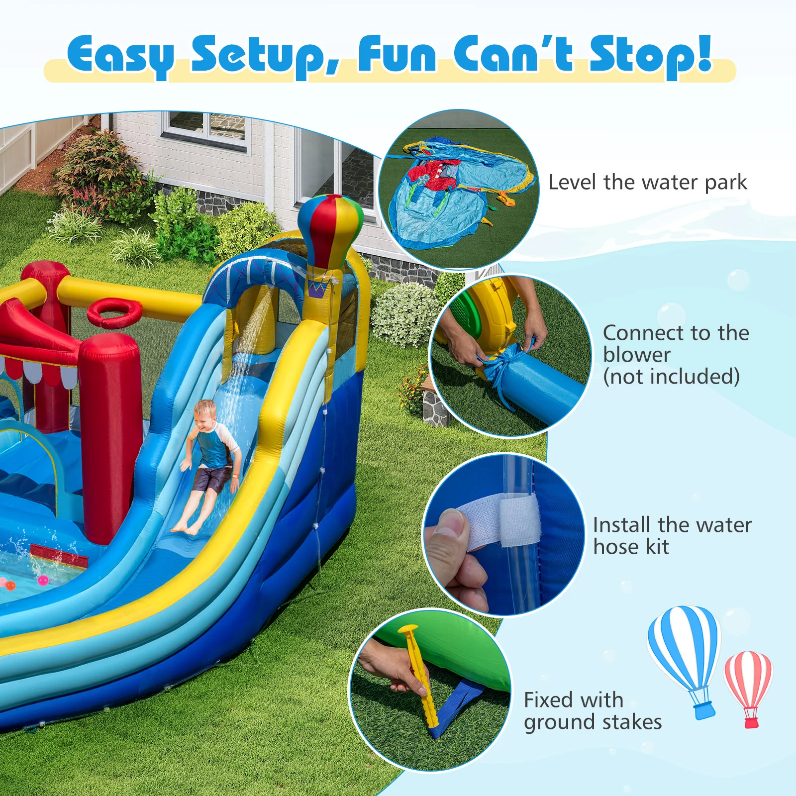 Inflatable Water Park with Splash Pool and Water Cannon for Birthday Party Without Blower, Multicolor - Image 9