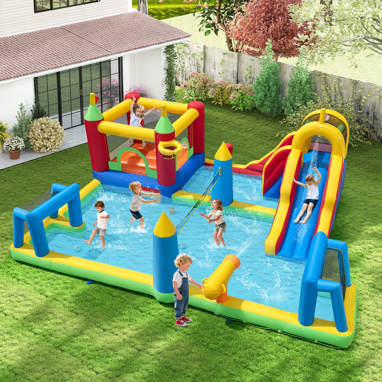 Inflatable Water Slide Bounce House, 9-in-1 Jumping Castle With Climbing Wall - Image 2