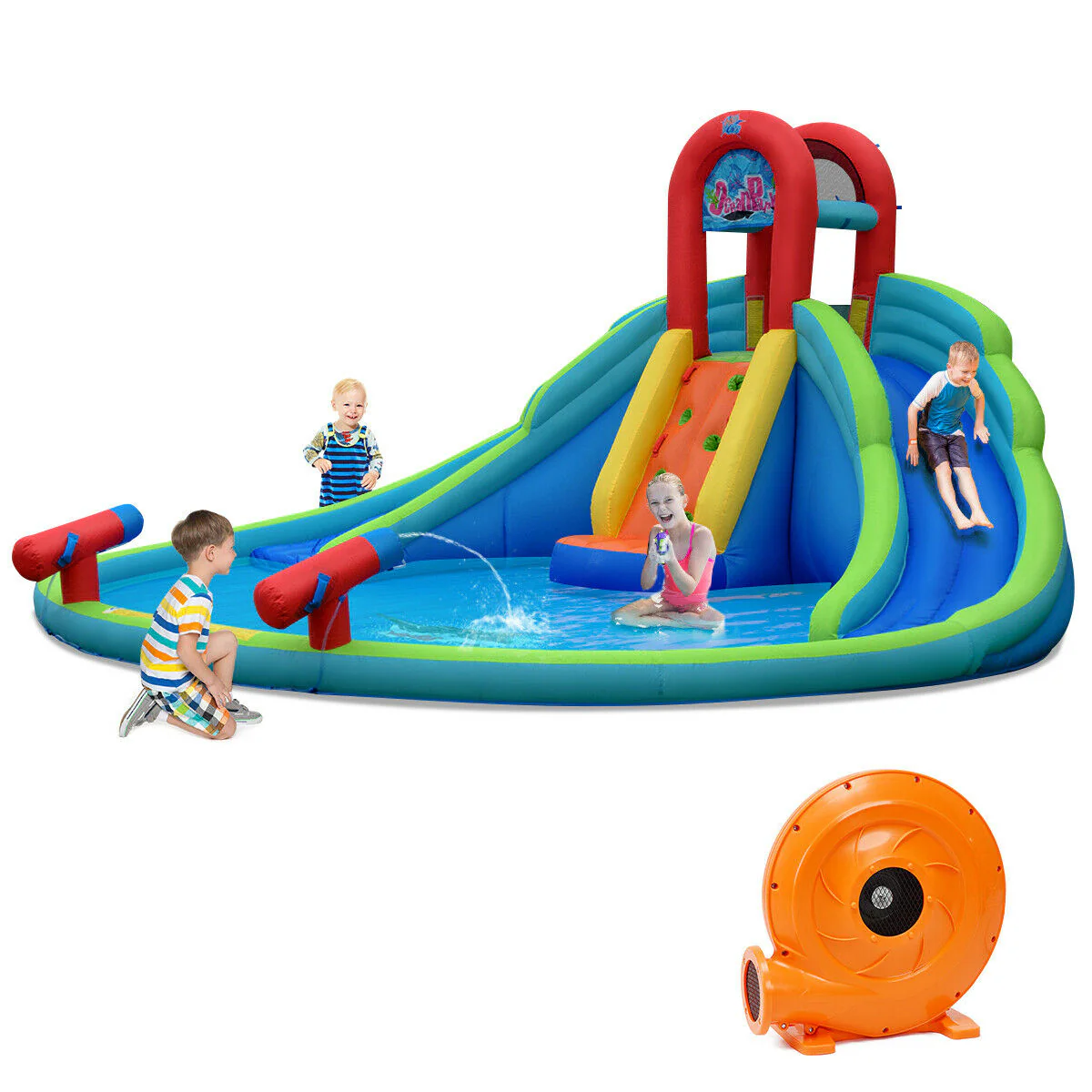Inflatable Water Slide Bounce House With Mighty Splash Pool, Blue