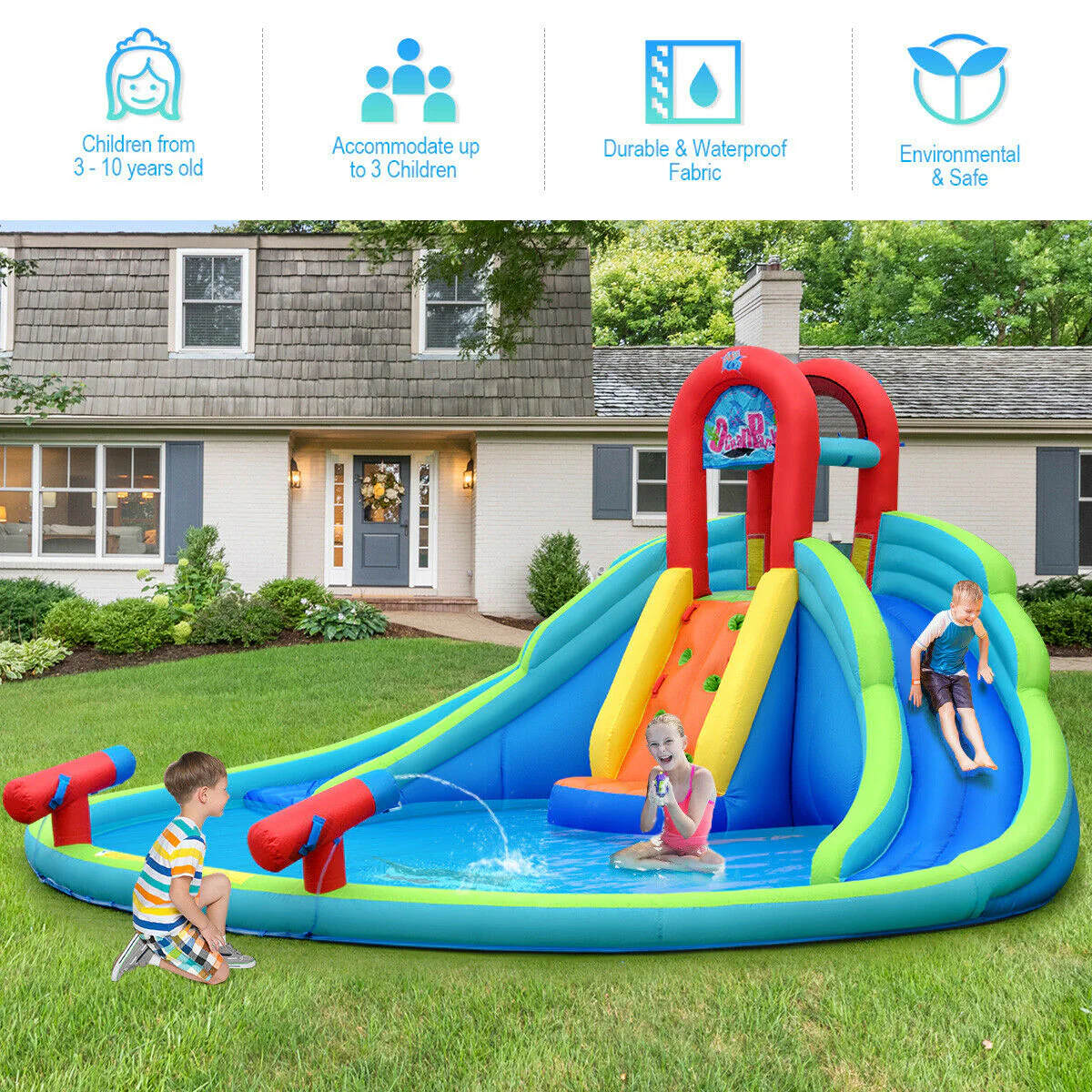 Inflatable Water Slide Bounce House With Mighty Splash Pool, Blue - Image 3