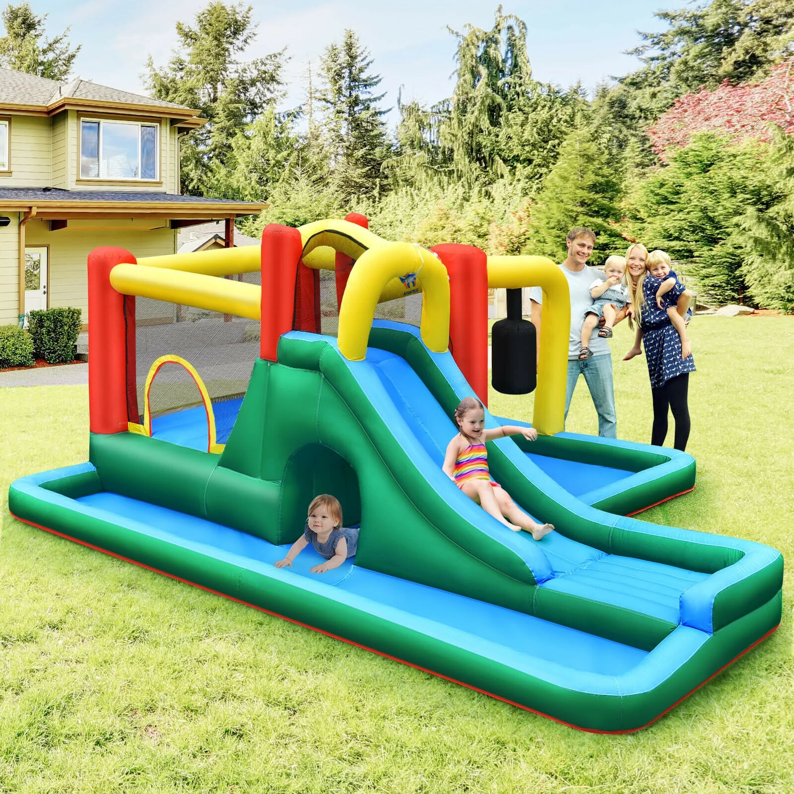 Inflatable Water Slide Climbing Bounce House With Tunnel, 735W Blower - Image 2