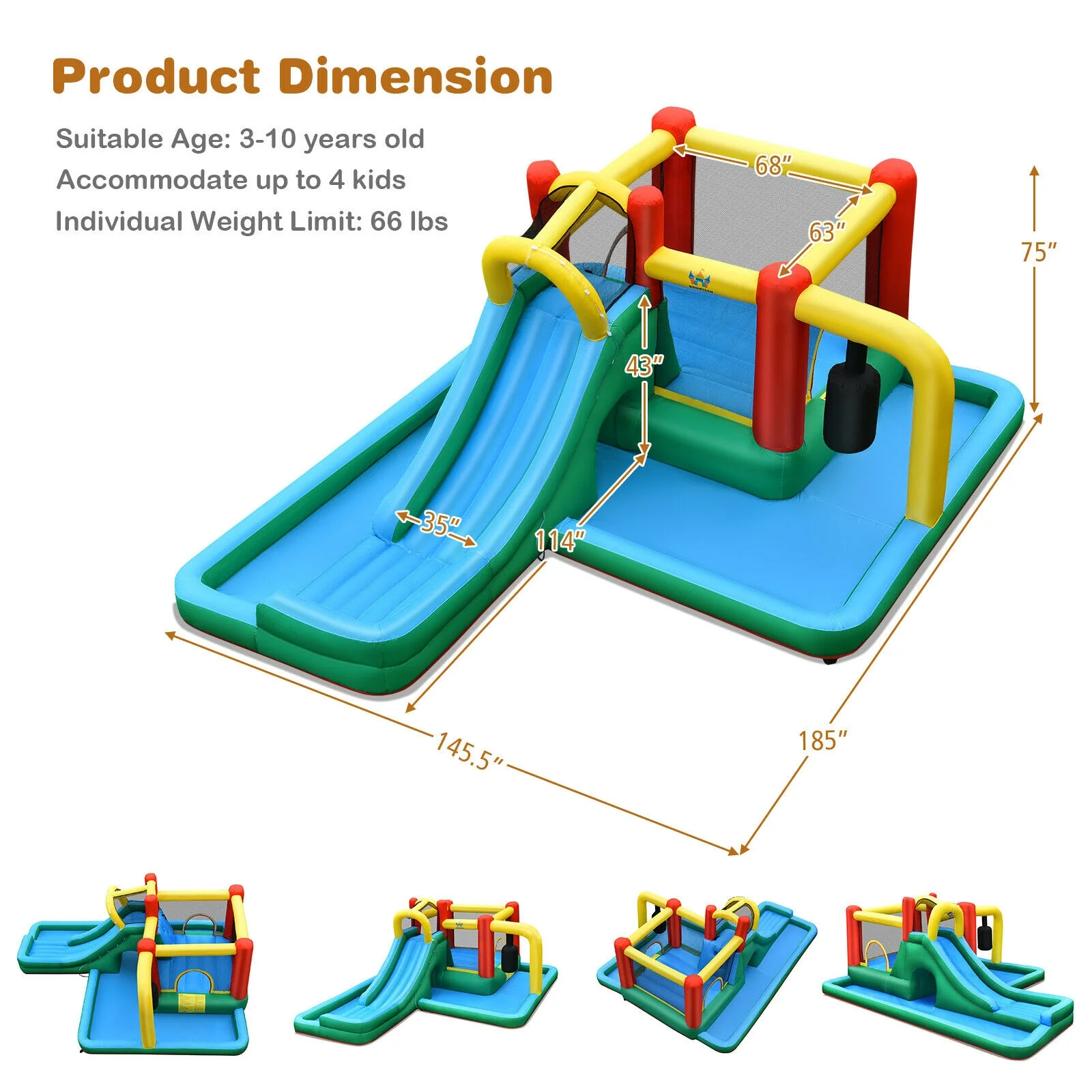 Inflatable Water Slide Climbing Bounce House With Tunnel, 735W Blower - Image 4
