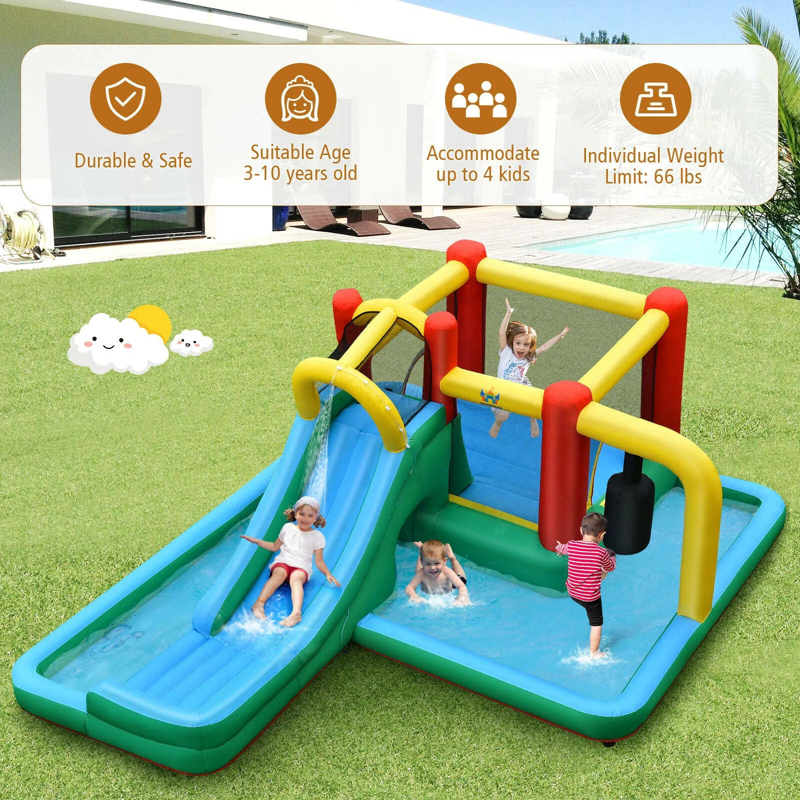 Inflatable Water Slide Climbing Bounce House With Tunnel, 735W Blower - Image 5