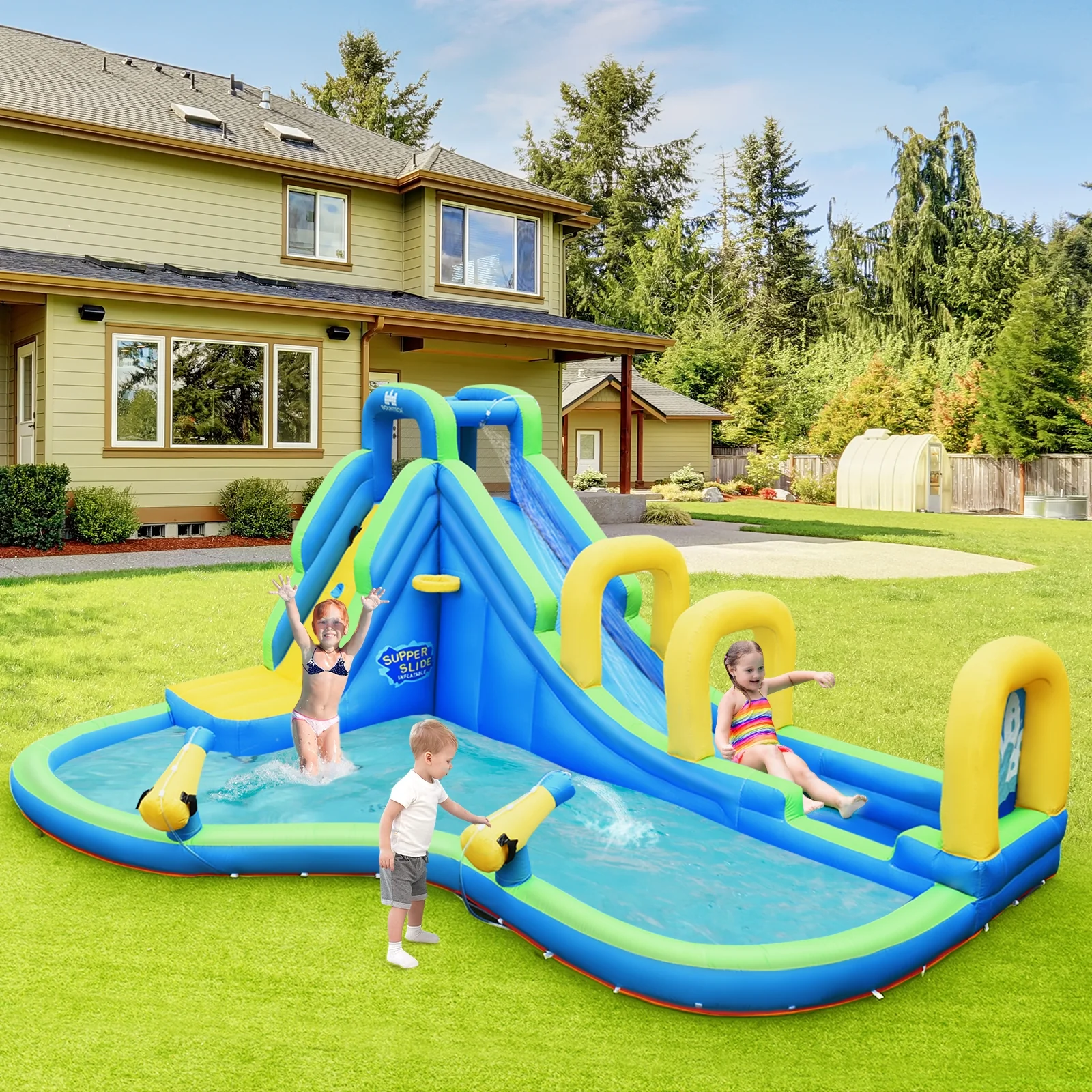 Inflatable Water Slide Kids Bounce House, Water Cannons, Hose - Image 2