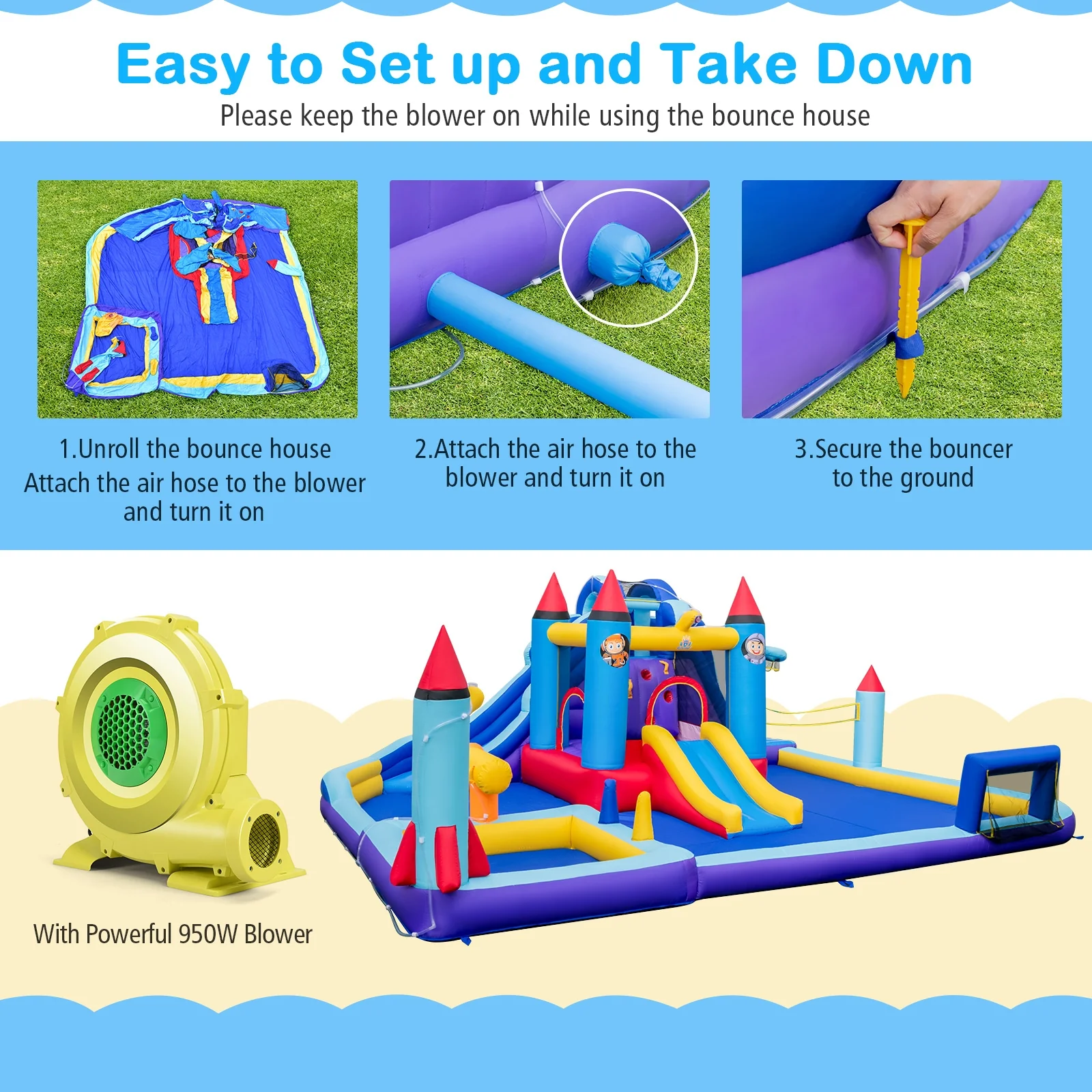 Inflatable Water Slide Park, 950W Blower, Blue - Image 7