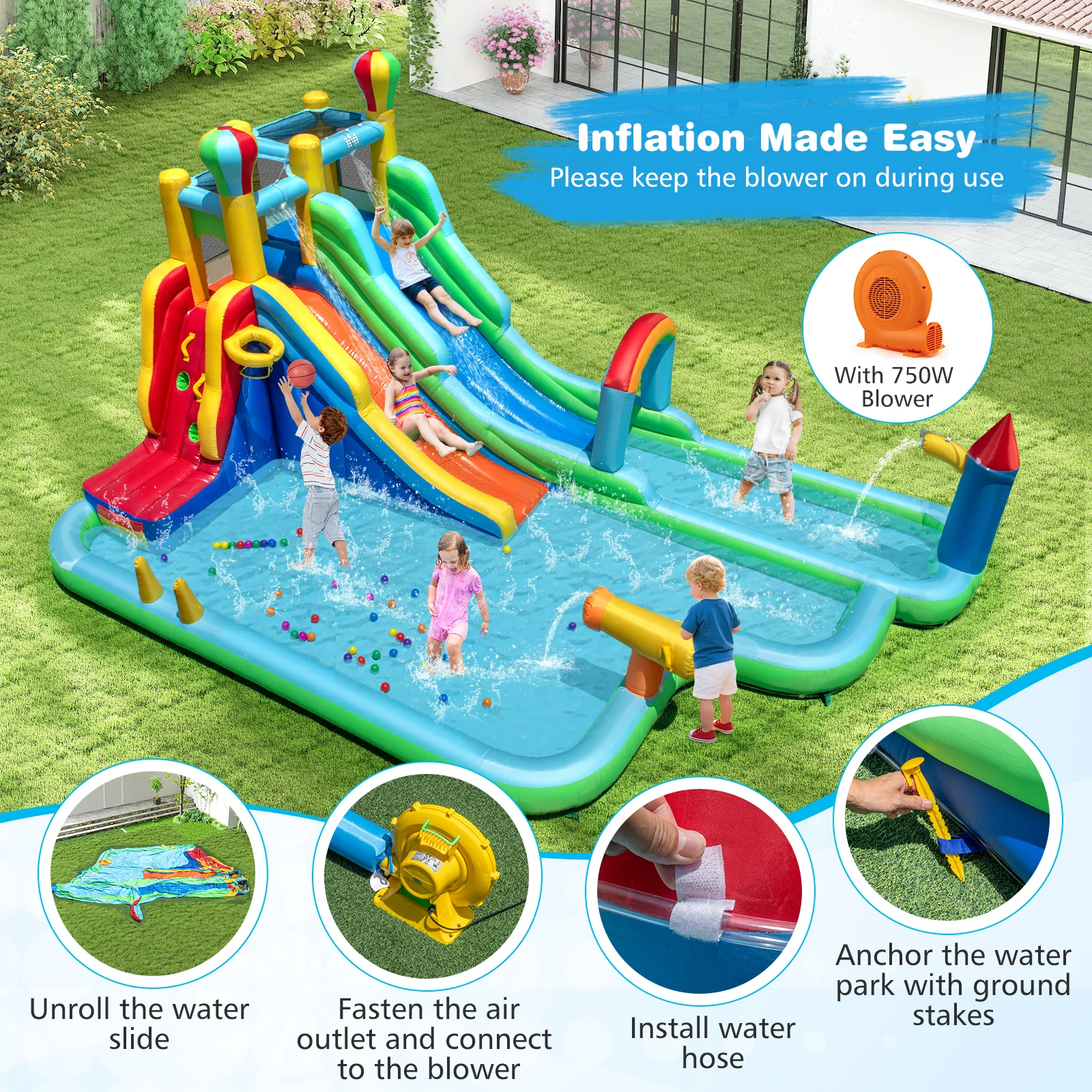Inflatable Water Slide Park Giant Bounce House with 750W Blower, Blue - Image 10