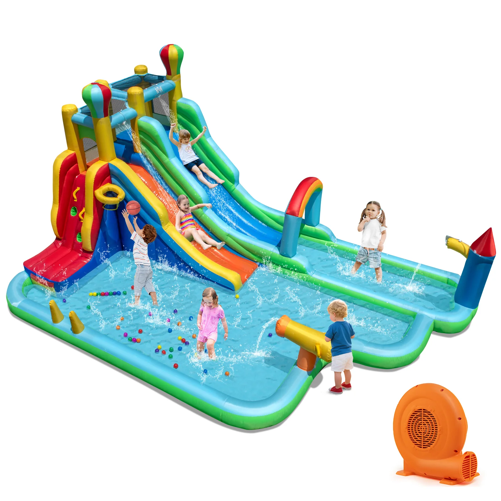 Inflatable Water Slide Park Giant Bounce House with 750W Blower, Blue - Image 5