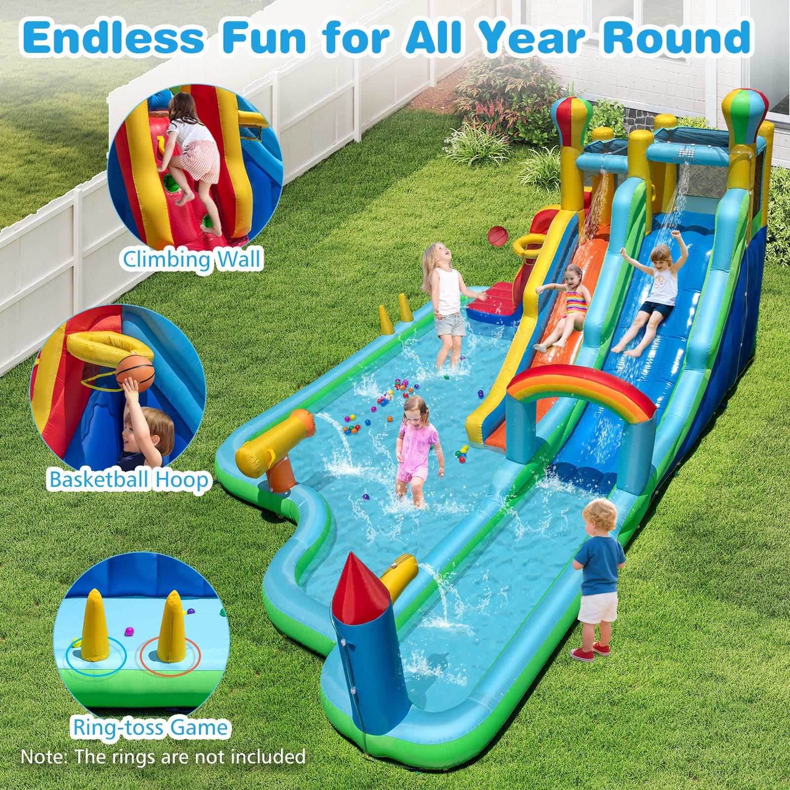 Inflatable Water Slide Park Giant Bounce House with 750W Blower, Blue - Image 8