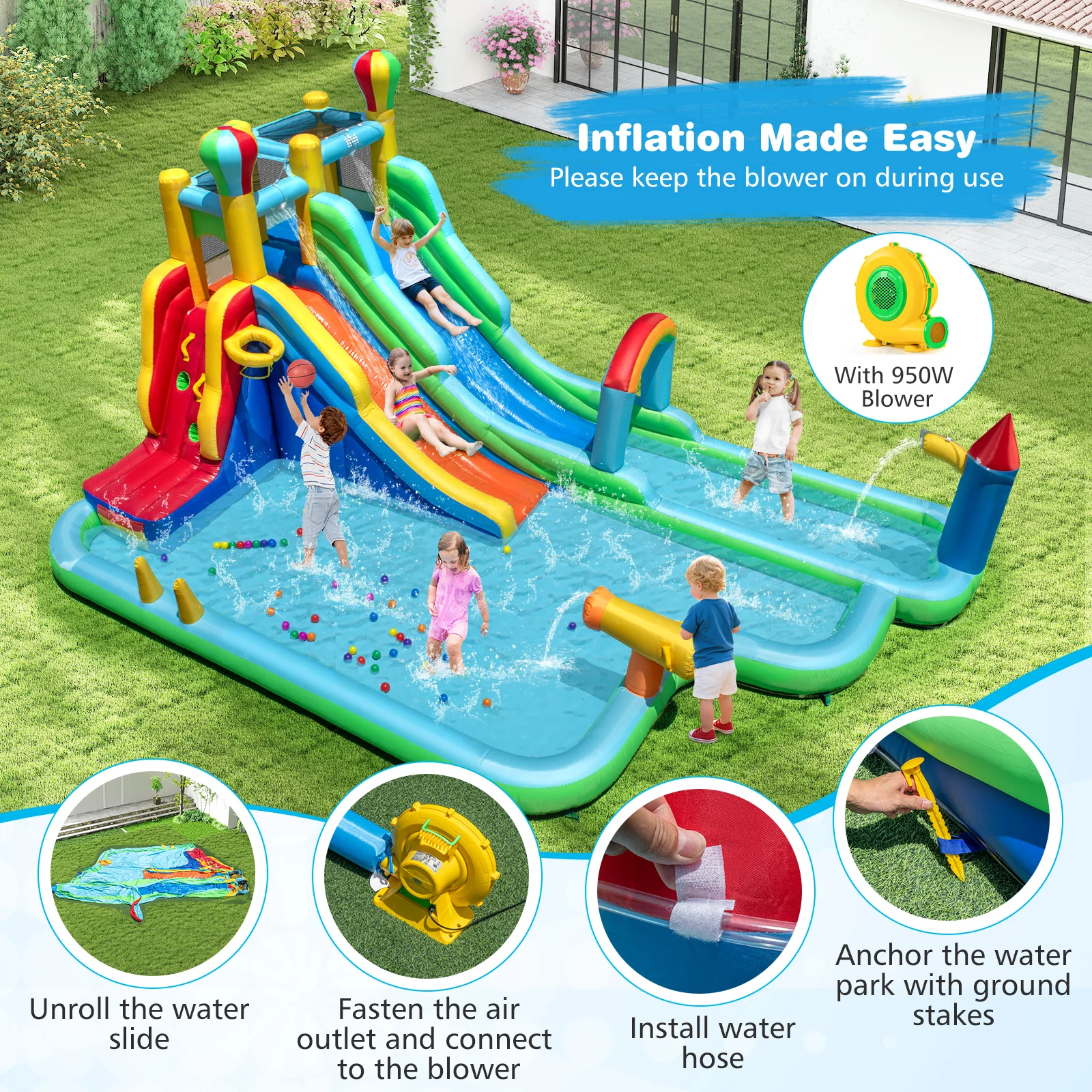 Inflatable Water Slide Park Giant Bounce House with 950W Blower, Blue - Image 10